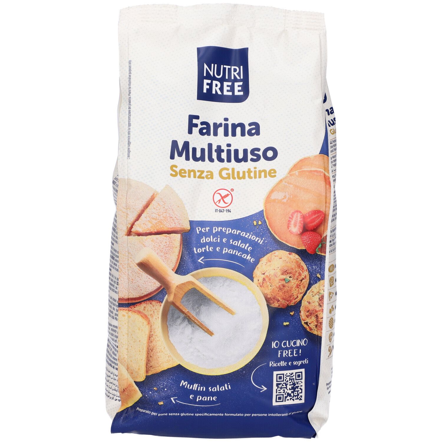 Confezione di Farina Multiuso Senza Glutine NUTRIFREE. Scritte: Farina Multiuso, Senza Glutine. Illustrazioni di prodotti da forno.