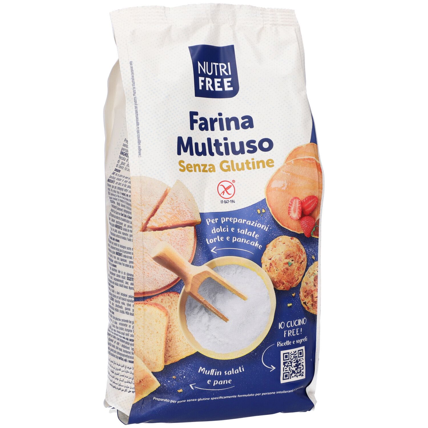 Confezione di Farina Multiuso Senza Glutine NUTRIFREE. Scritte: Farina Multiuso, Senza Glutine. Illustrazioni di prodotti da forno.