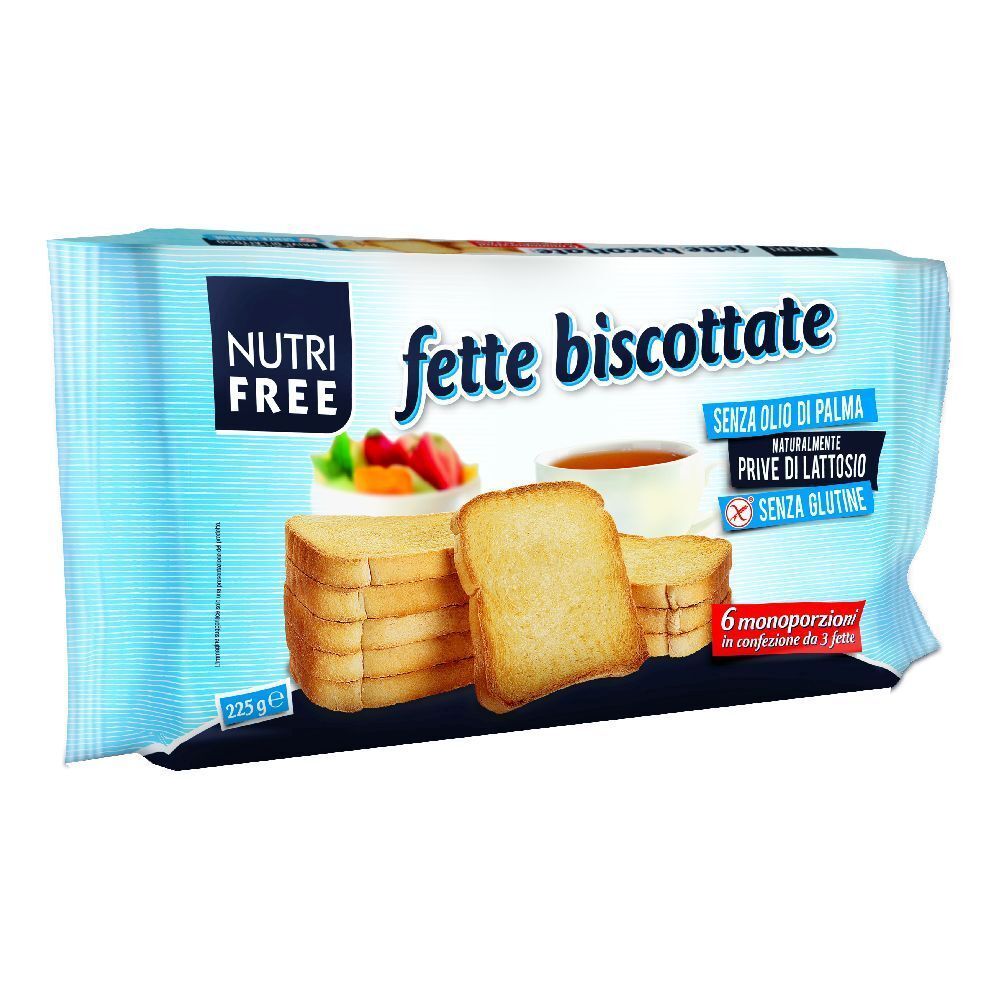 Confezione di "fette biscottate". Marchio "NUTRI FREE". Contiene 6 monoporzioni. Senza olio di palma, senza lattosio, senza glutine. Peso: 225g.