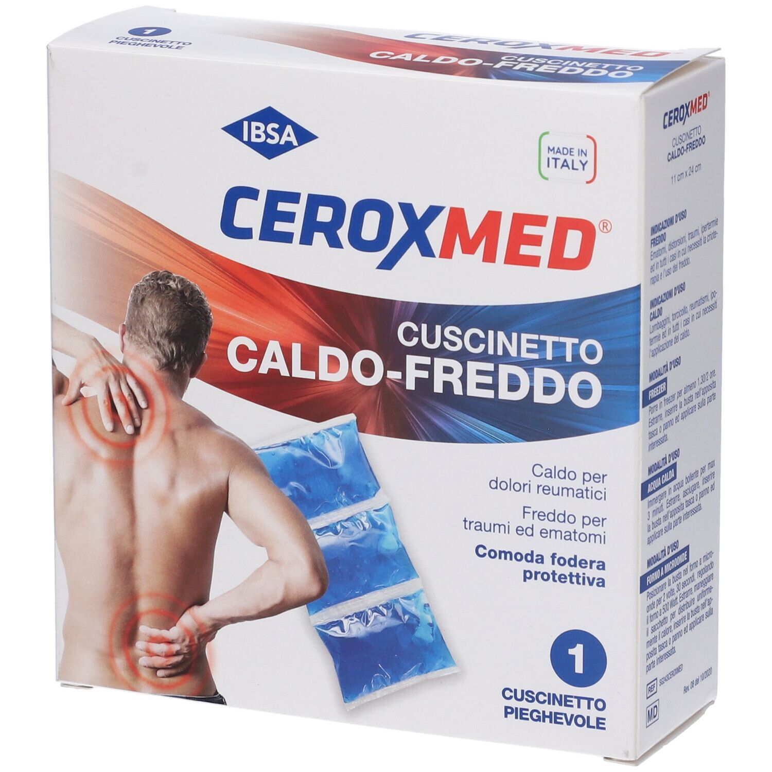 Confezione di Ceroxmed Cuscinetto Caldo-Freddo. Cuscini blu, illustrazione di uomo con dolore. Testo: Caldo-Freddo, IBSA.