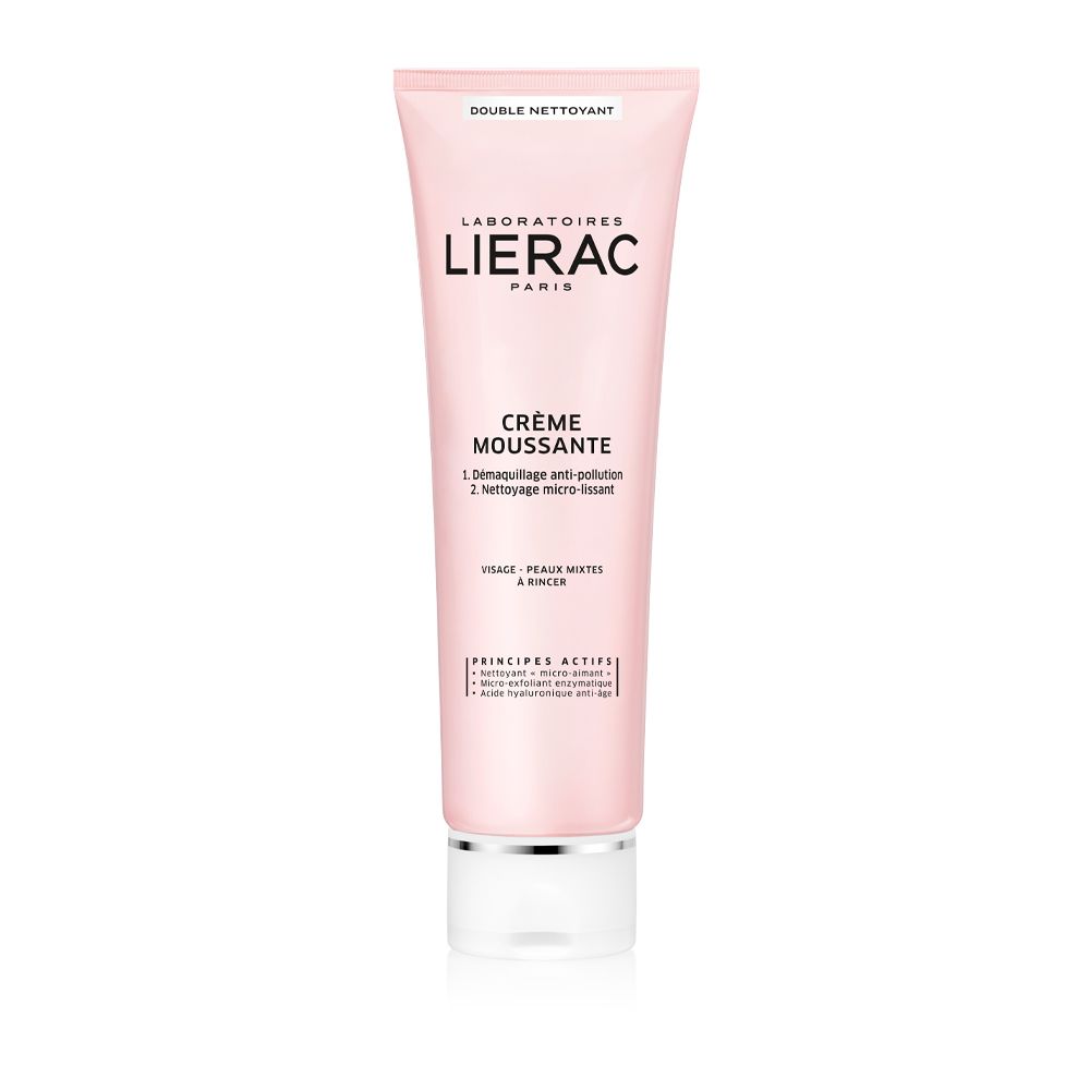 Tubo rosa LIERAC CRÈME MOUSSANTE. Tappo bianco. Testo: DOUBLE NETTOYANT, CRÈME MOUSSANTE, Visage, Peaux mixtes à rincer.