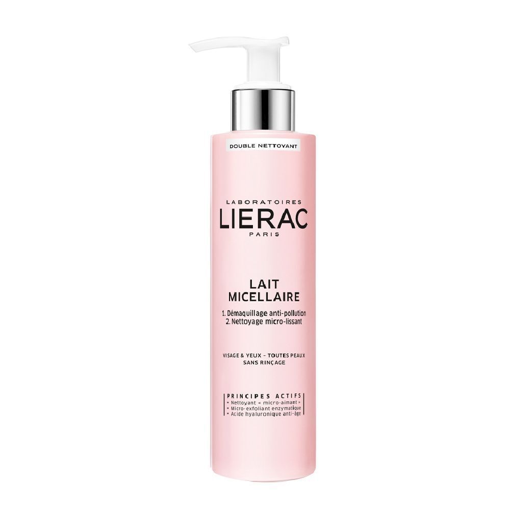 Rosa Flasche mit Pumpe. Text: LIERAC PARIS, LAIT MICELLAIRE. Für Augen & Gesicht. Ohne Abspülen.