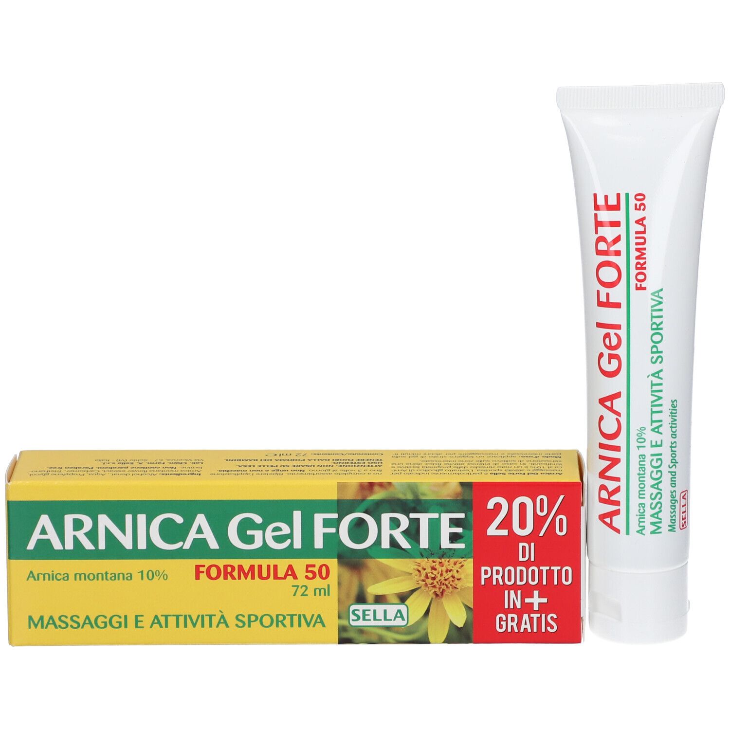 Gel-Tube und Schachtel. Aufschrift: ARNICA Gel FORTE, FORMULA 50. 20% Produkt gratis. Marke SELLA.