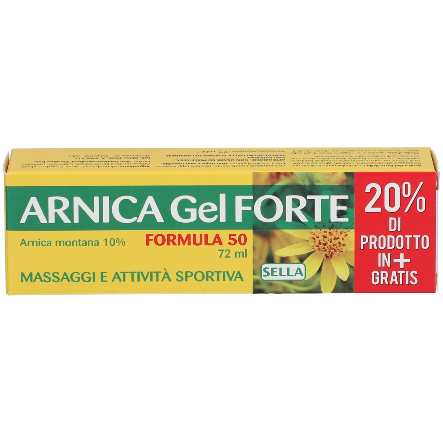 Gel-Schachtel. Aufschrift: ARNICA Gel FORTE, FORMULA 50. 72 ml. 20% Produkt gratis. Marke SELLA.