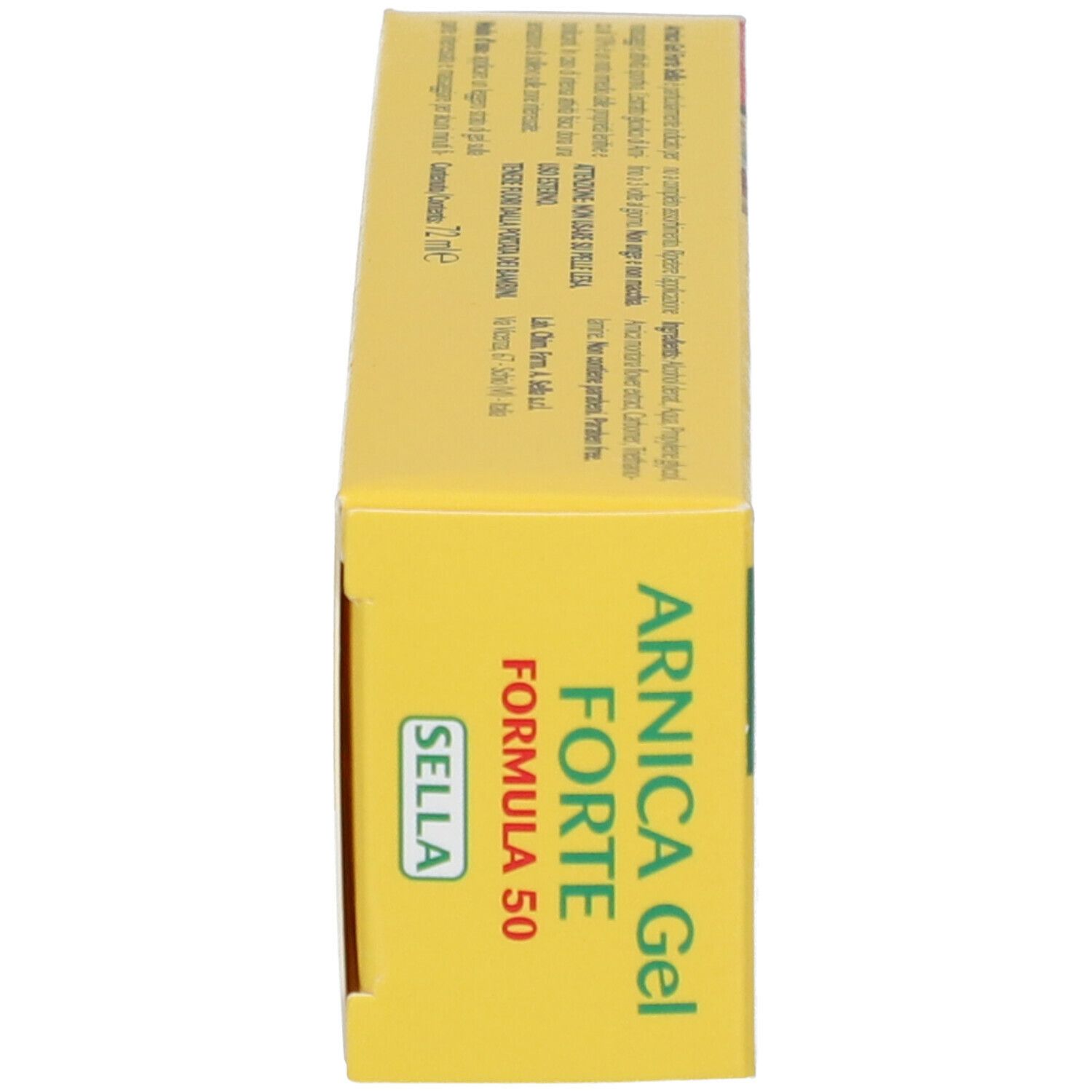 Gel-Schachtel, Seitenansicht. Aufschrift: ARNICA Gel FORTE, FORMULA 50. Marke SELLA.
