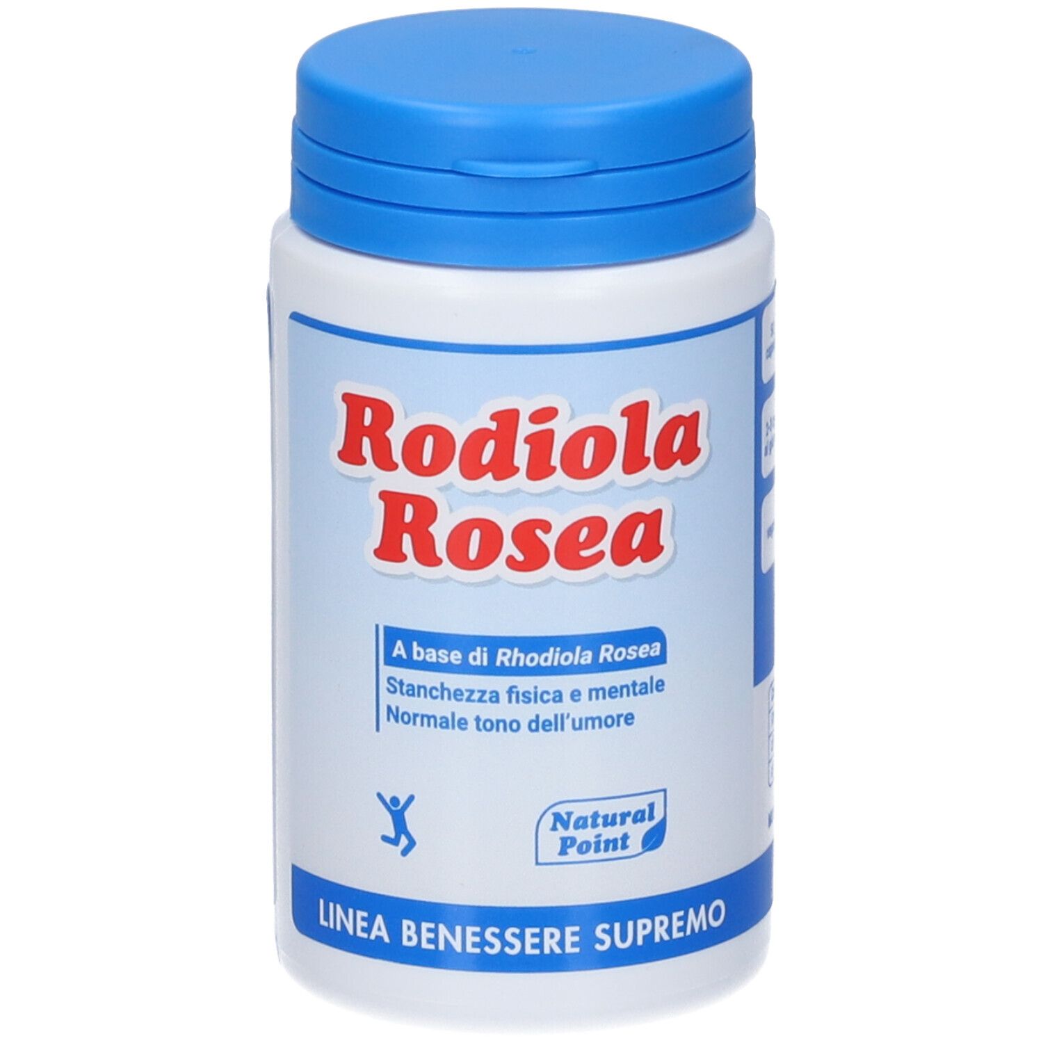 Flacone bianco e blu con scritta Rodiola Rosea. Testo: A base di Rhodiola Rosea, Linea Benessere Supremo.