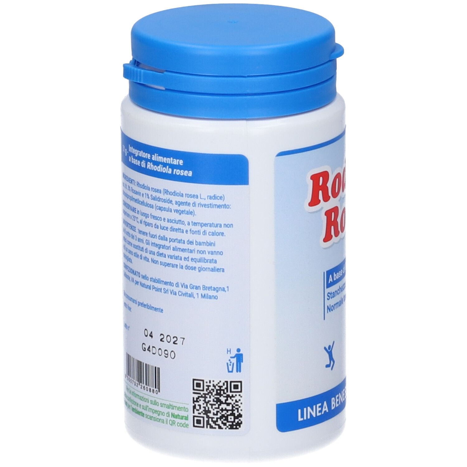 Flacone bianco e blu con testo. Scritta: Rodiola Rosea. Etichetta con ingredienti e codice QR.