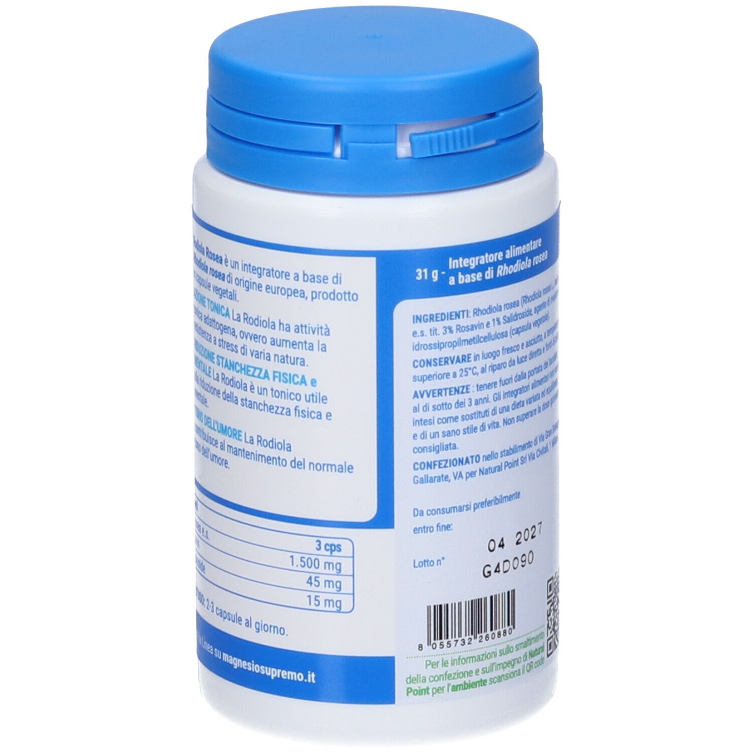 Flacone bianco e blu con testo. Scritta: Rodiola Rosea. Etichetta con ingredienti e valori nutrizionali.
