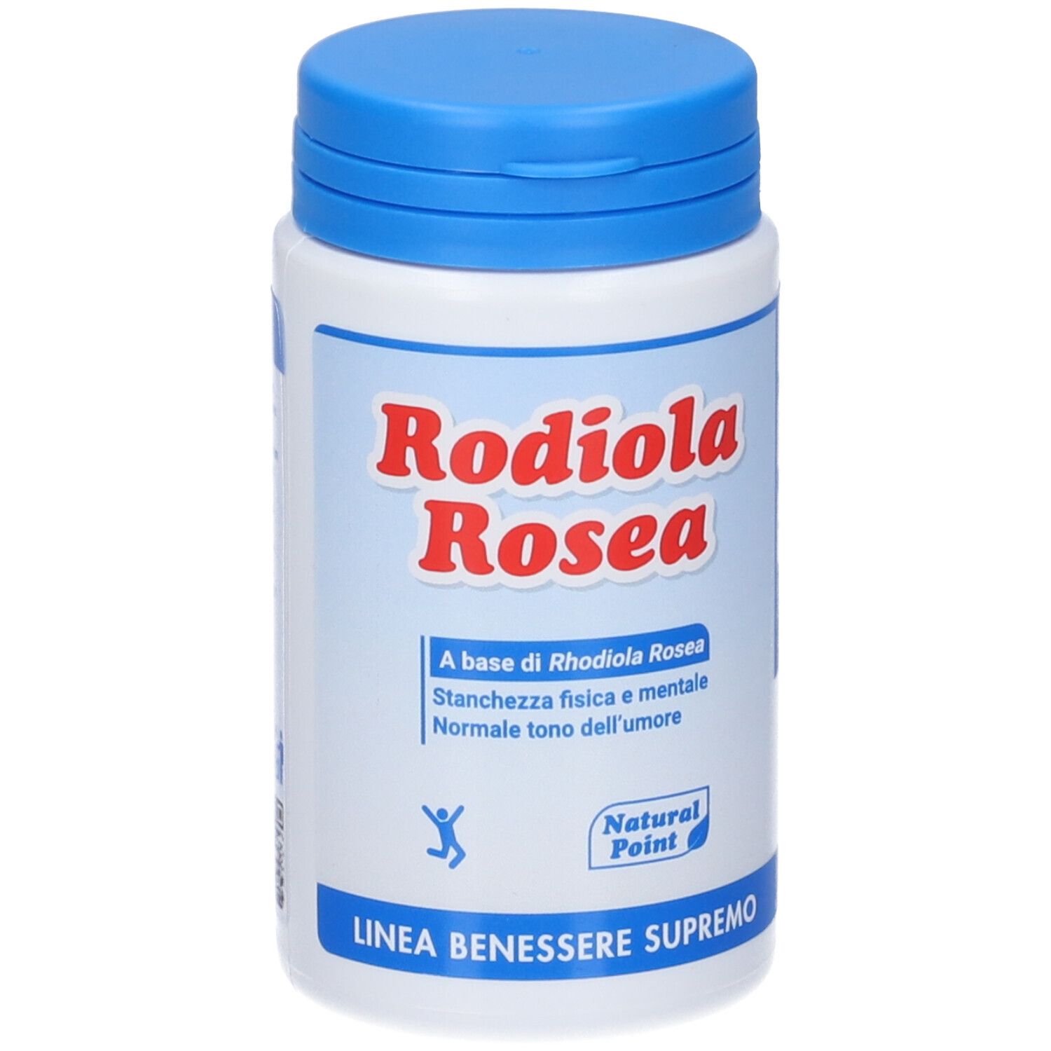Flacone bianco e blu con scritta Rodiola Rosea. Testo: A base di Rhodiola Rosea, Linea Benessere Supremo.