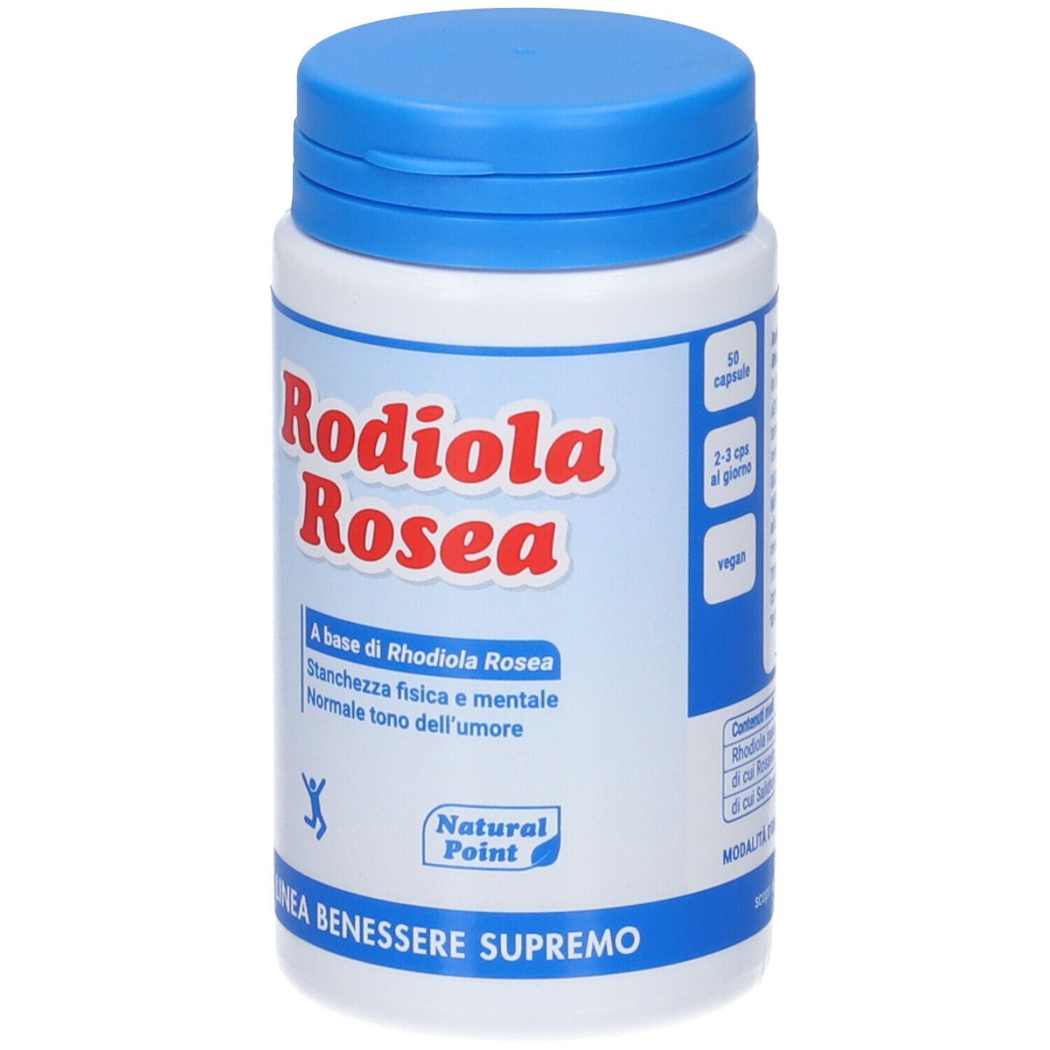 Flacone bianco e blu con scritta Rodiola Rosea. Testo: A base di Rhodiola Rosea, Linea Benessere Supremo. 30 capsule.