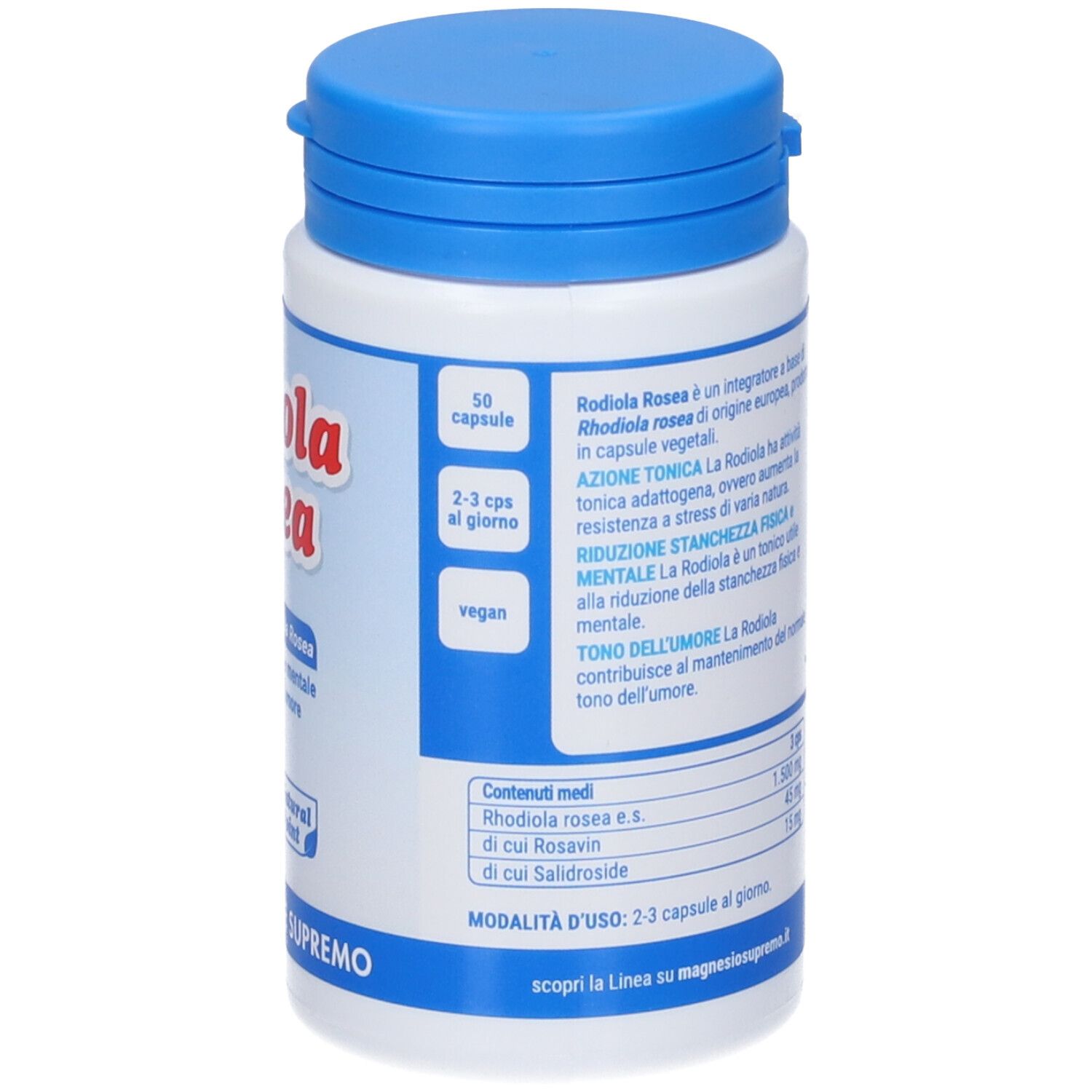 Flacone bianco e blu con scritta Rodiola Rosea. Testo: A base di Rhodiola Rosea, Linea Benessere Supremo. 50 capsule.