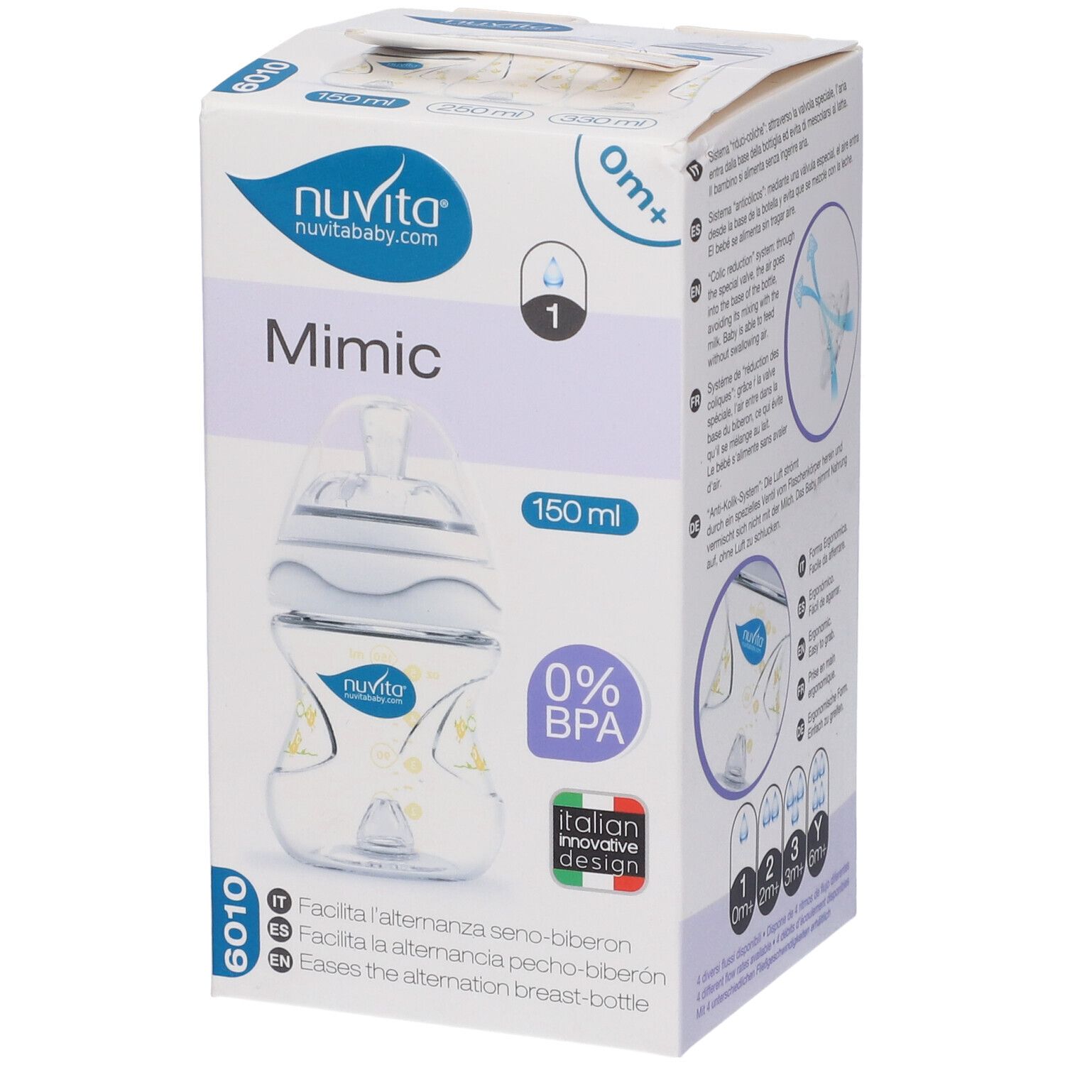 Confezione per biberon. Scritto: Mimic, 150 ml, 0% BPA. Logo Nuvita. Design italiano. Immagine del prodotto.