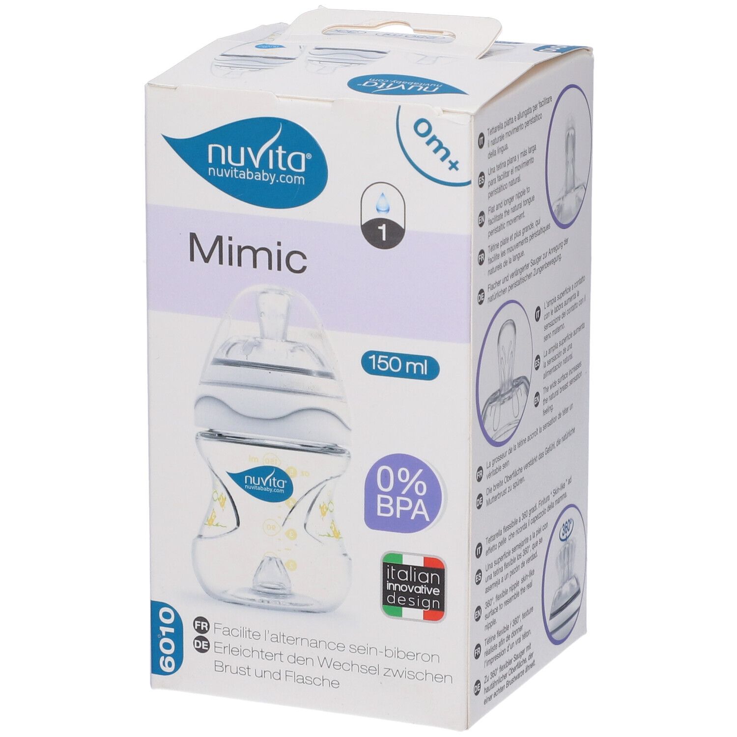 Confezione per biberon. Scritto: Mimic, 150 ml, 0% BPA. Logo Nuvita. Design italiano. Immagine del prodotto.
