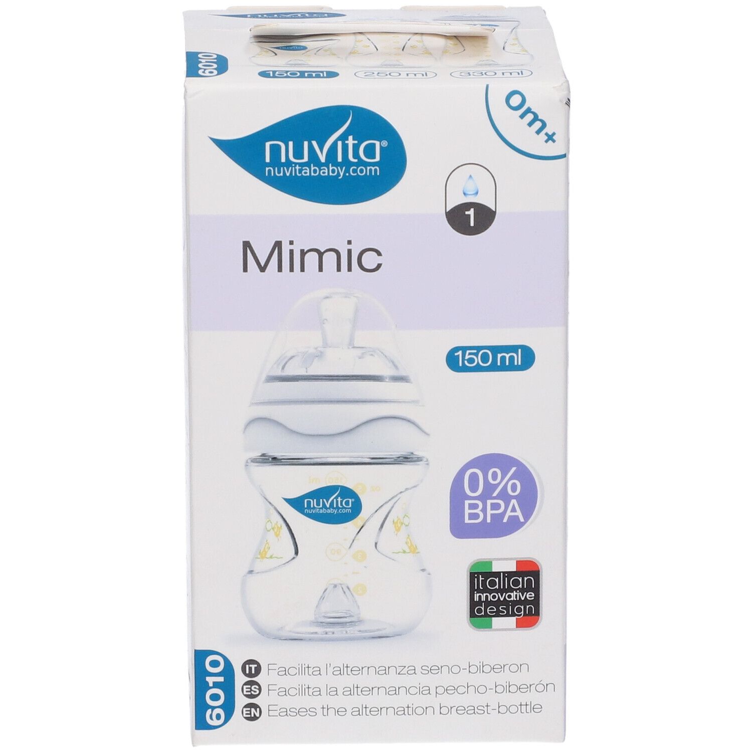 Confezione per biberon. Scritto: Mimic, 150 ml, 0% BPA. Logo Nuvita. Design italiano. Immagine del prodotto.