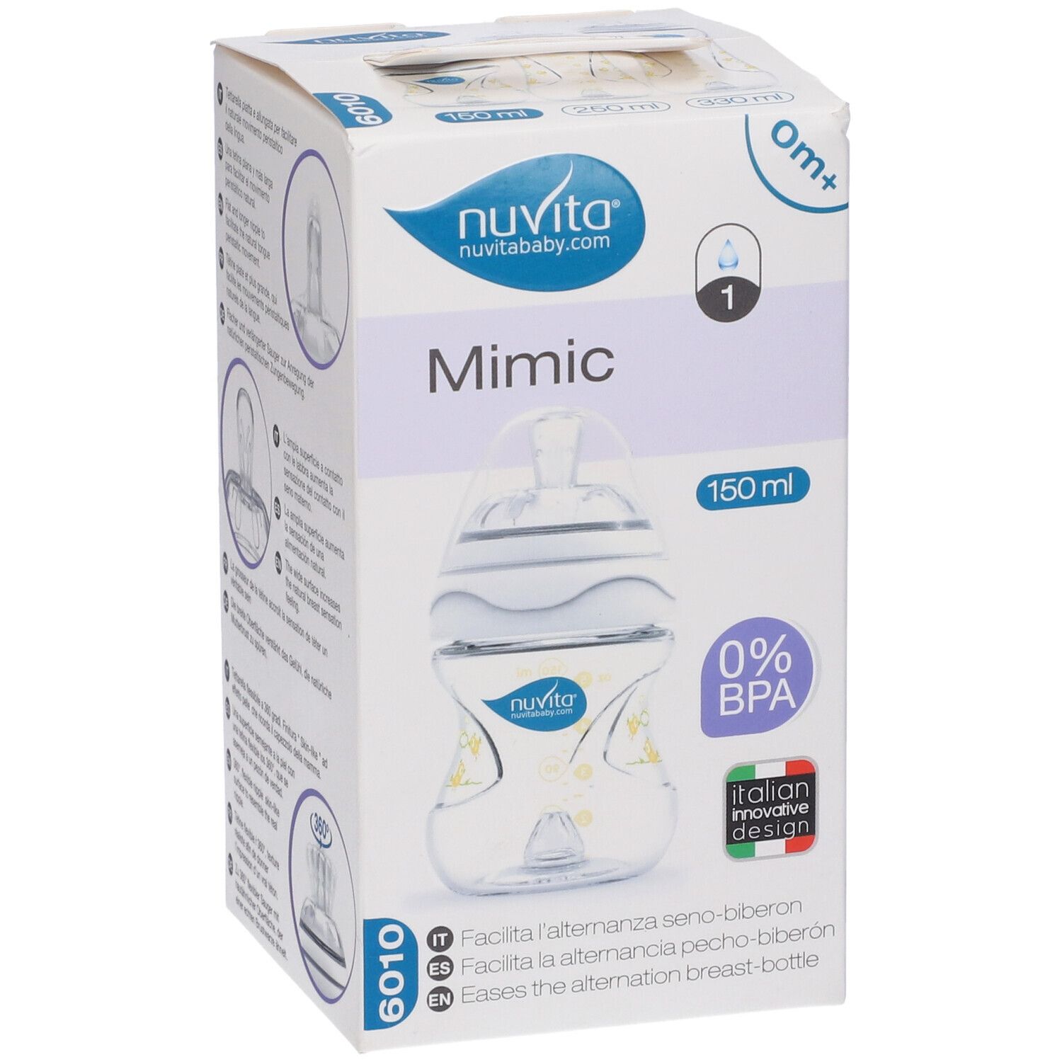 Confezione per biberon. Scritto: Mimic, 150 ml, 0% BPA. Logo Nuvita. Design italiano. Immagine del prodotto.