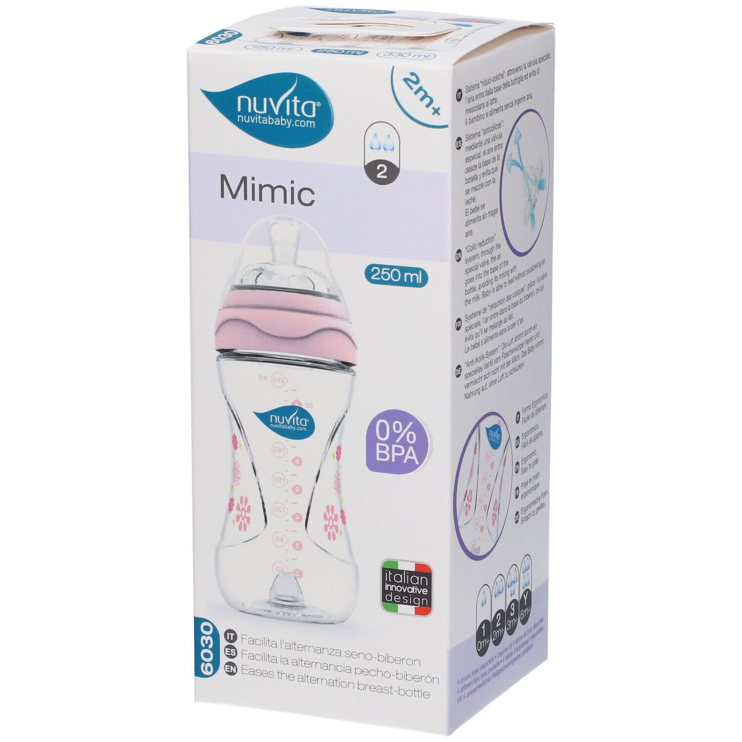 Confezione biberon. Biberon rosa con motivi floreali. Marchio Mimic, 250 ml, 0% BPA. Nuvita.