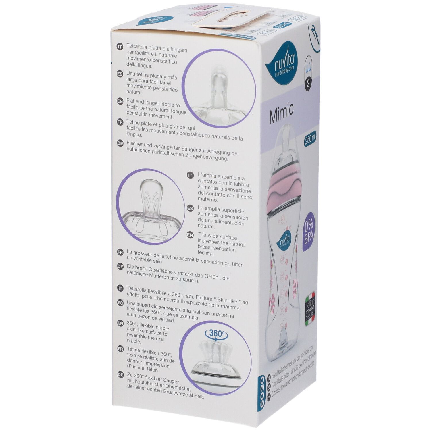 Confezione biberon. Dettagli sulla forma della tettarella. Marchio Mimic, 250 ml, 0% BPA. Nuvita.