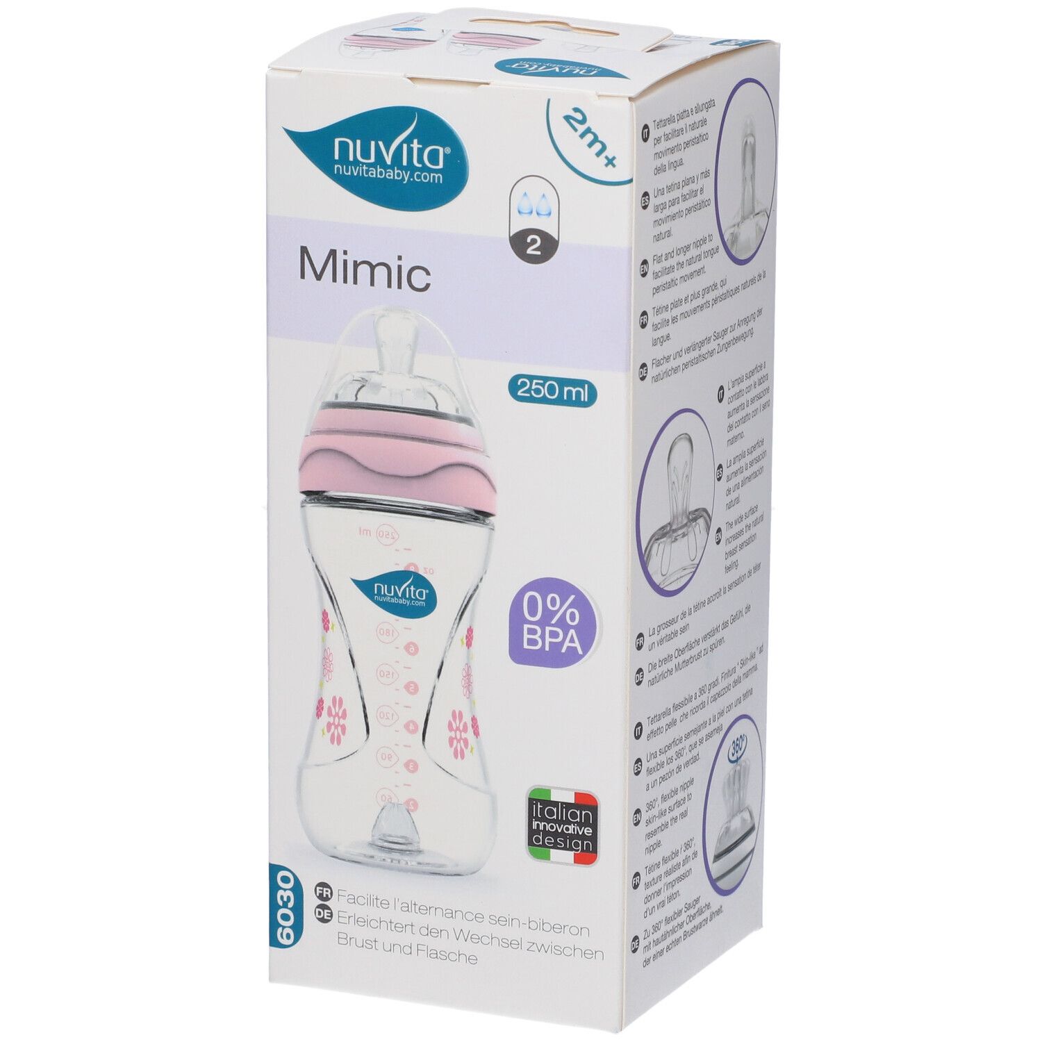 Confezione biberon. Marchio Mimic, 250 ml, 0% BPA. Nuvita. Dettagli sulla tettarella.