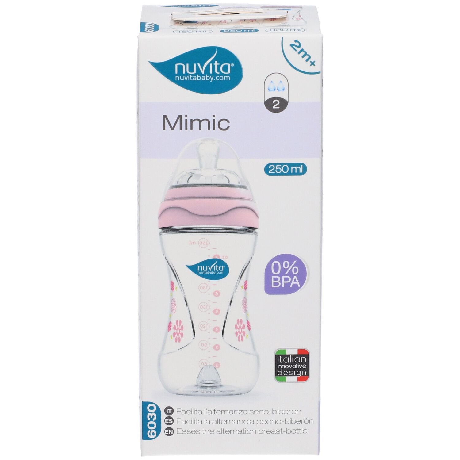 Confezione biberon. Marchio Mimic, 250 ml, 0% BPA. Nuvita. Design italiano.