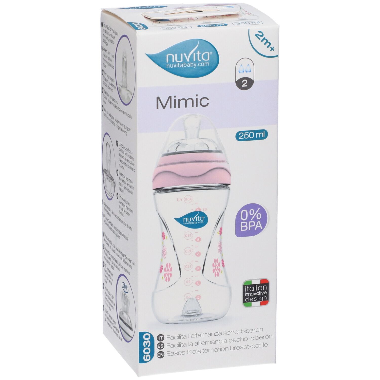 Confezione biberon. Marchio Mimic, 250 ml, 0% BPA. Nuvita. Dettagli sulla tettarella.