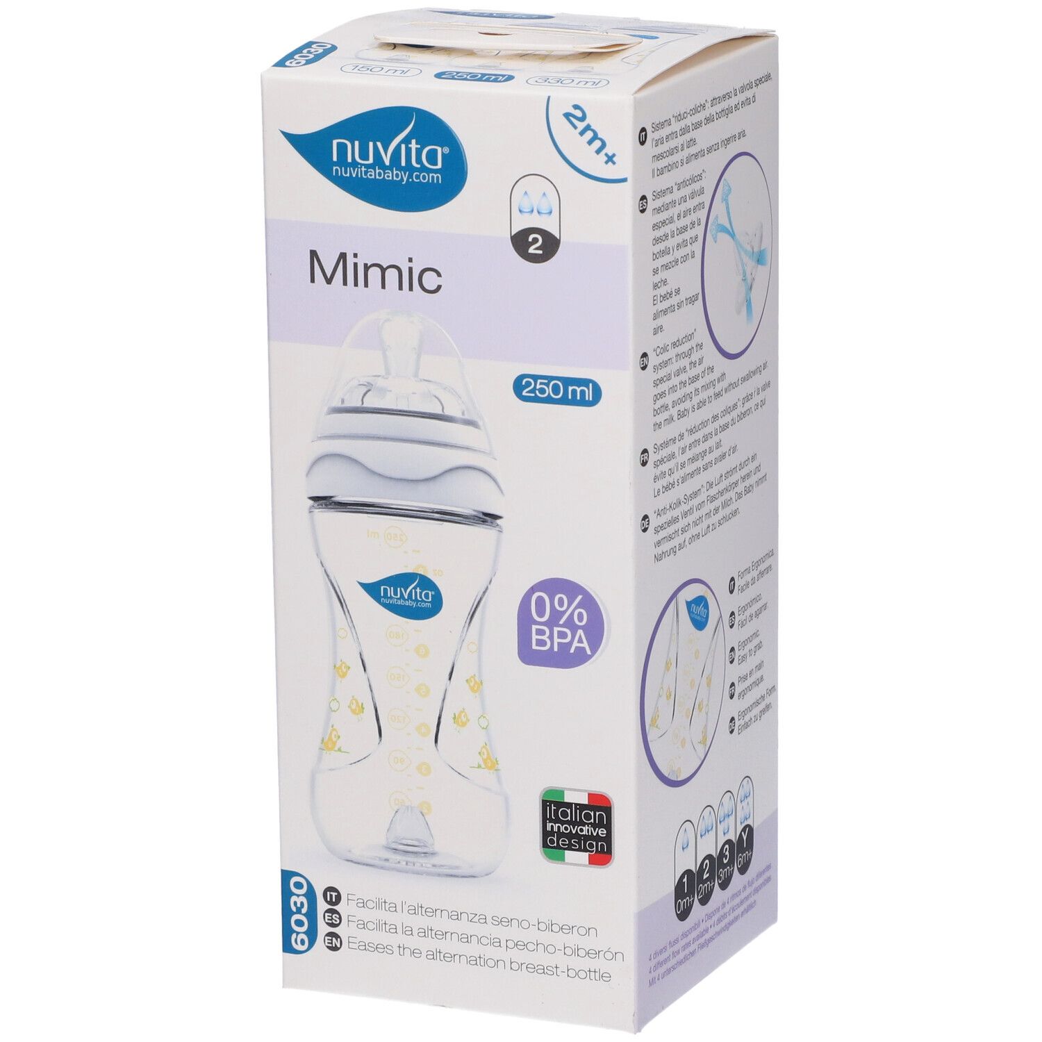 Confezione con biberon. Scritta: Mimic, 250 ml, 0% BPA. Illustrazione del biberon e informazioni prodotto.