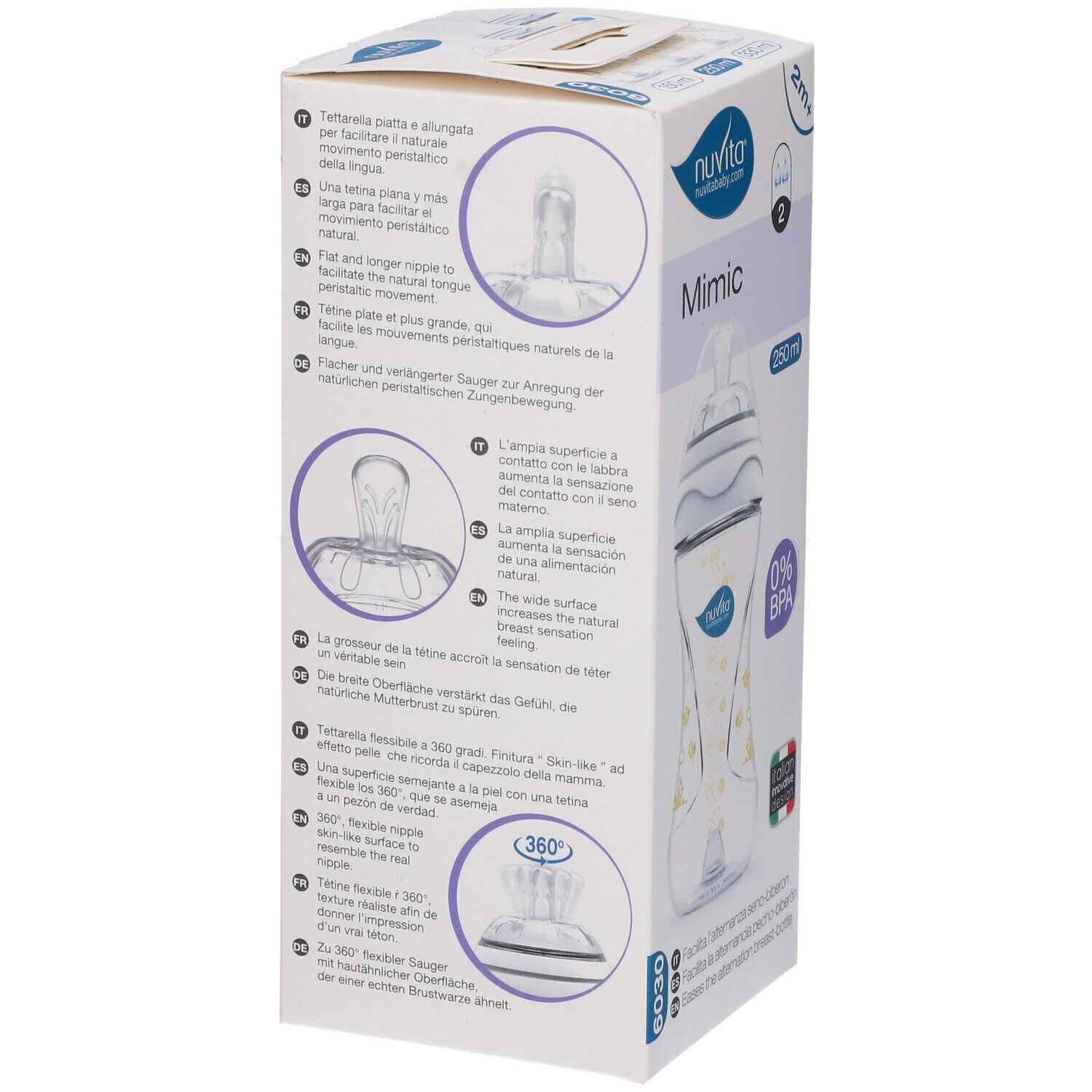 Confezione con biberon. Dettagli delle tettarelle. Testo: Mimic, 0% BPA. Informazioni prodotto.