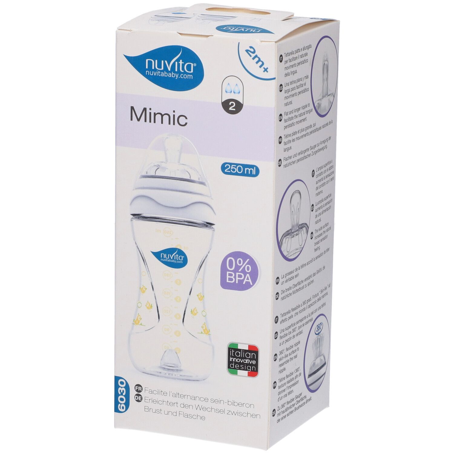 Confezione con biberon. Scritta: Mimic, 250 ml, 0% BPA. Illustrazione del biberon e informazioni prodotto.