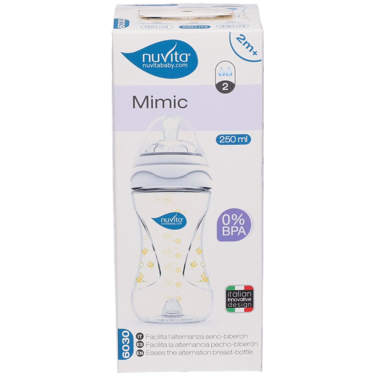 Confezione con biberon. Scritta: Mimic, 250 ml, 0% BPA. Illustrazione del biberon e informazioni prodotto.