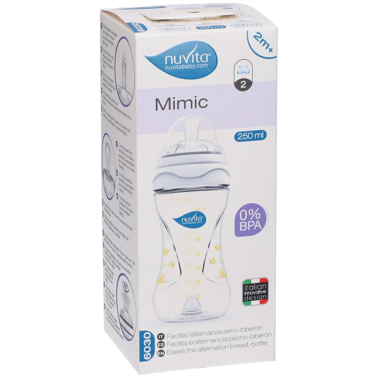 Confezione con biberon. Scritta: Mimic, 250 ml, 0% BPA. Illustrazione del biberon e informazioni prodotto.