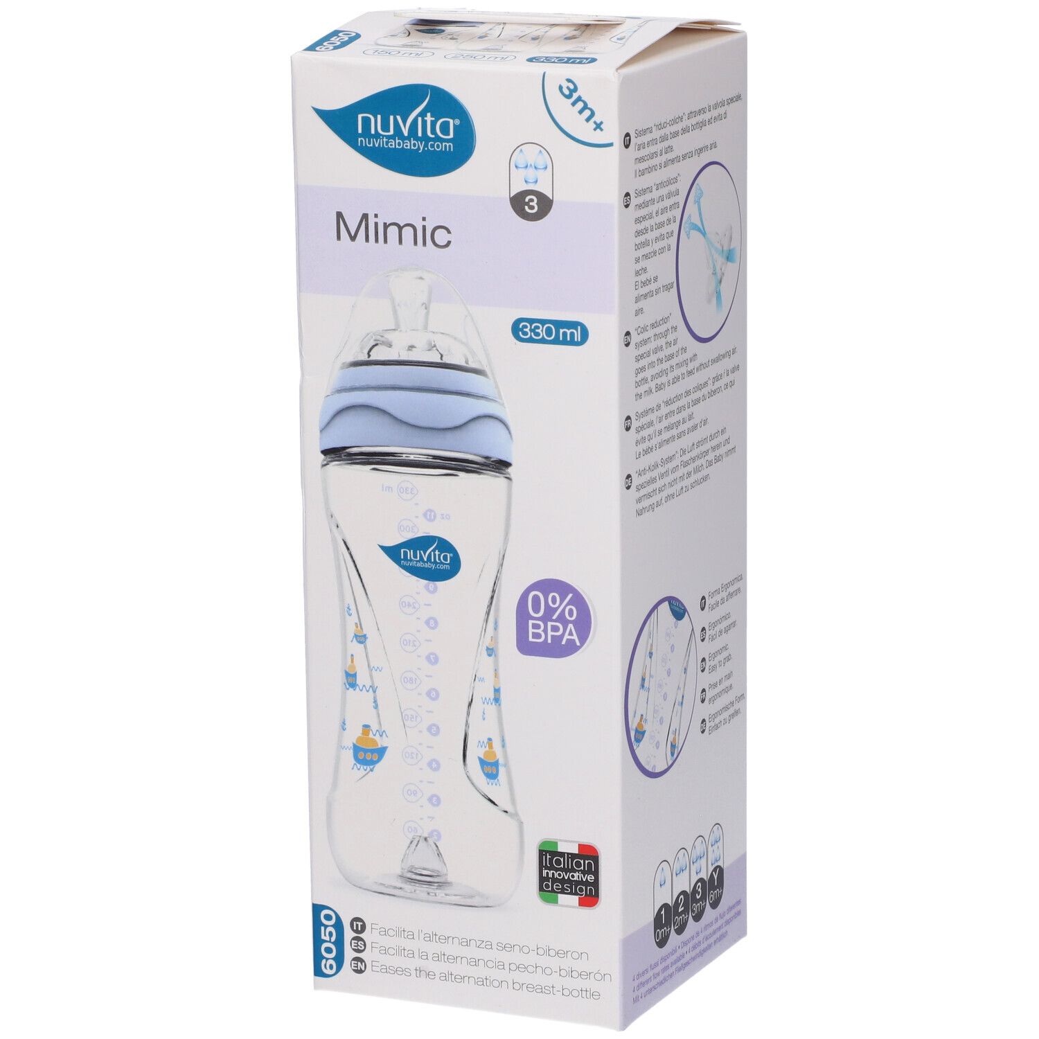 Confezione biberon Mimic 330 ml. Biberon blu, tappo blu, 0% BPA. Marchio: Nuvita.