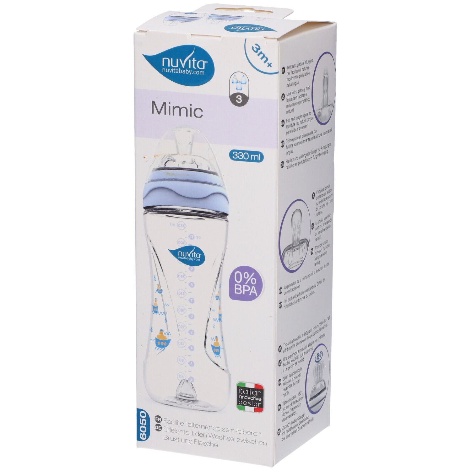 Confezione biberon Mimic 330 ml. Biberon blu, tappo blu, 0% BPA. Marchio: Nuvita.