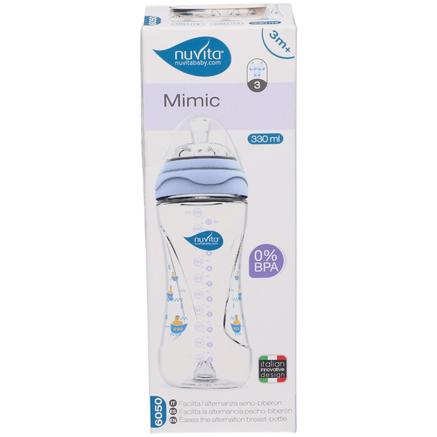 Confezione biberon Mimic 330 ml. Biberon blu, tappo blu, 0% BPA. Marchio: Nuvita.