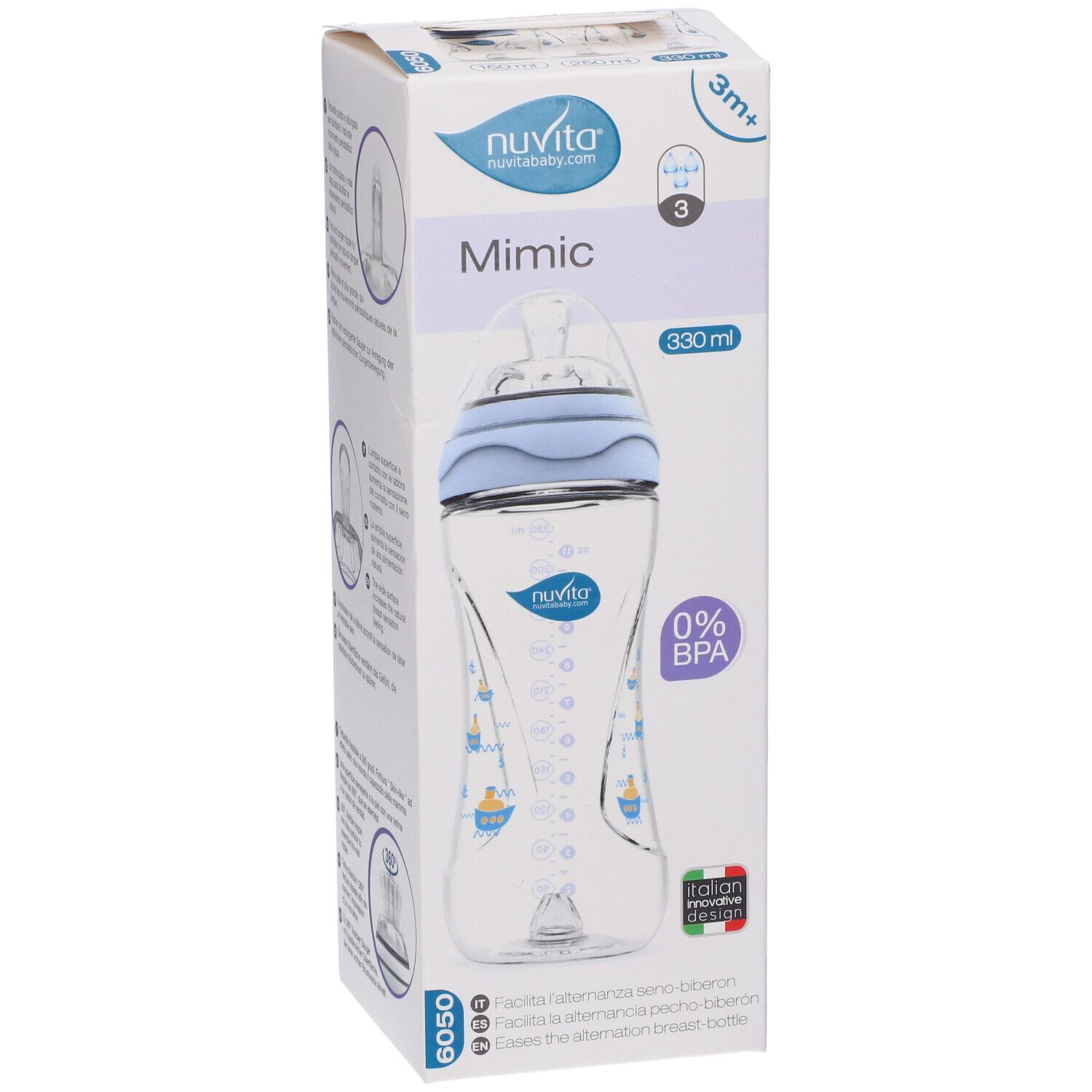 Confezione biberon Mimic 330 ml. Biberon blu, tappo blu, 0% BPA. Marchio: Nuvita.