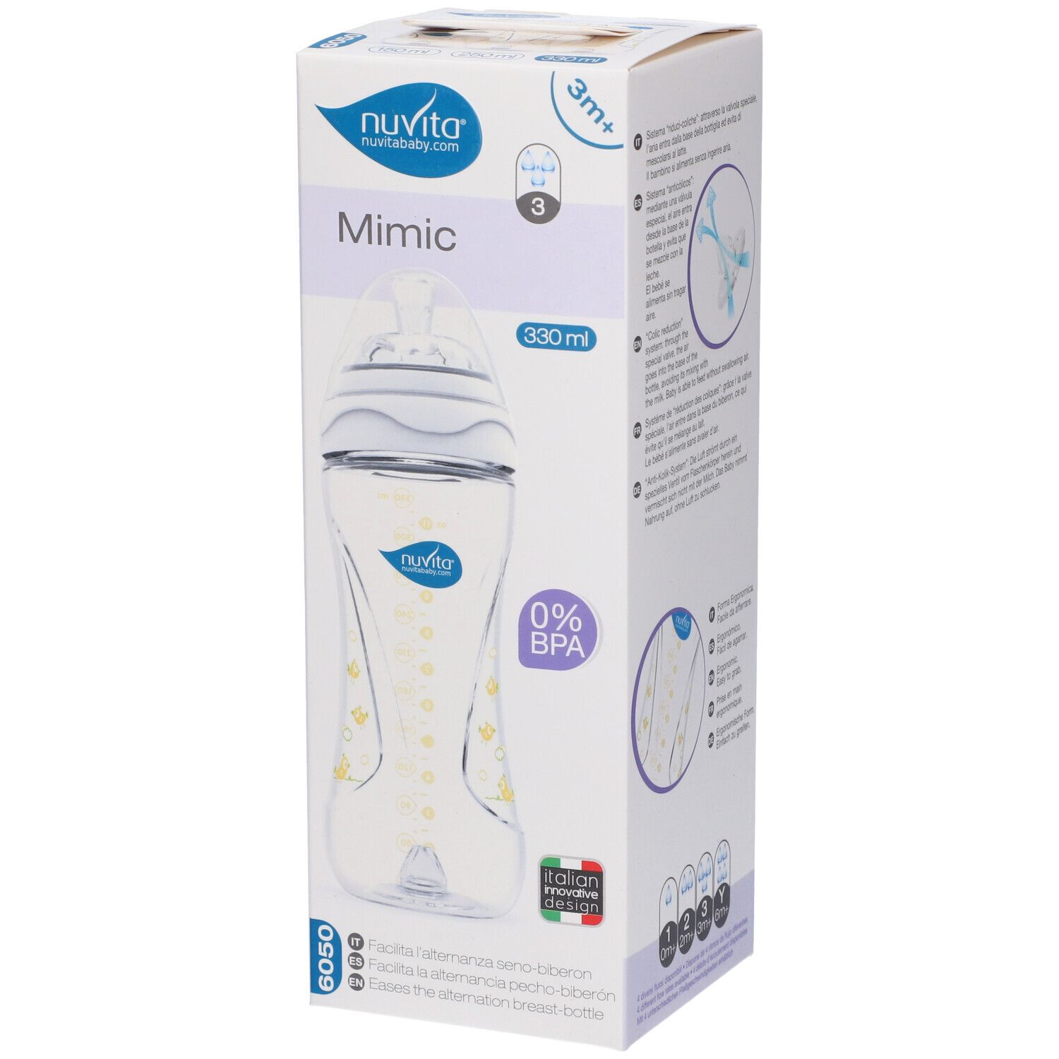 Confezione con biberon. Scritte: Mimic, 330 ml, 0% BPA. Marchio: Nuvita. Con immagine del biberon e informazioni.
