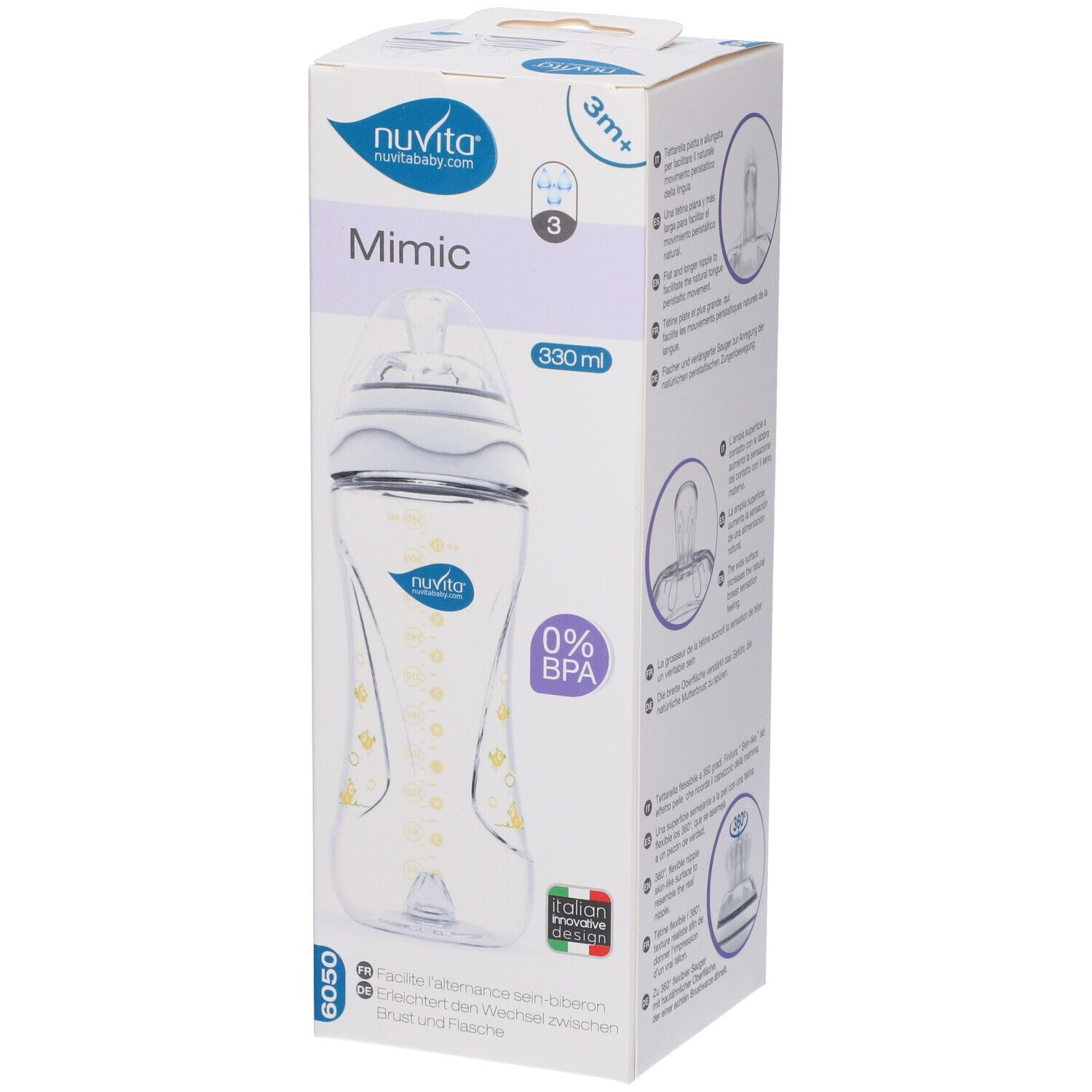 Confezione con biberon. Scritte: Mimic, 330 ml, 0% BPA. Marchio: Nuvita. Con immagine del biberon e informazioni.