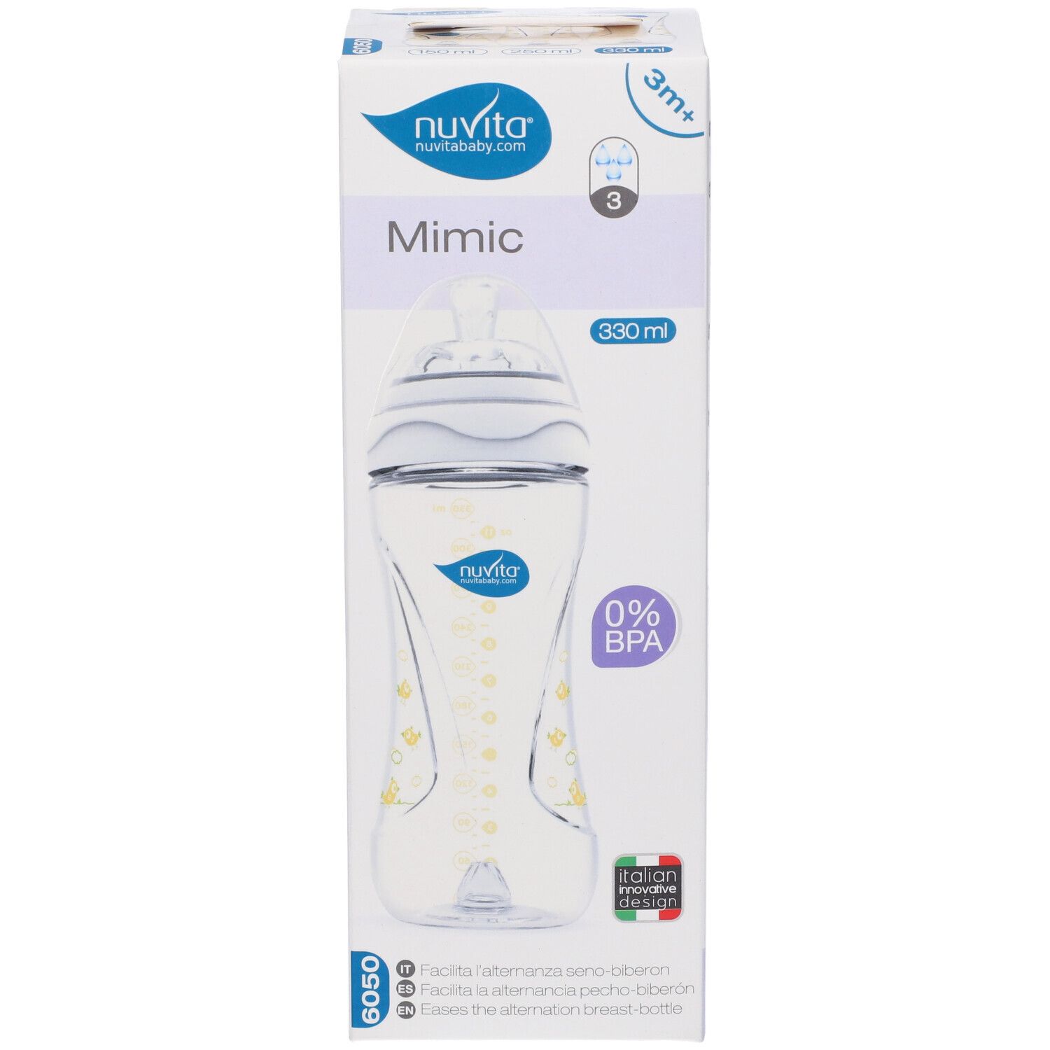 Confezione con biberon. Scritte: Mimic, 330 ml, 0% BPA. Marchio: Nuvita. Con immagine del biberon e informazioni.