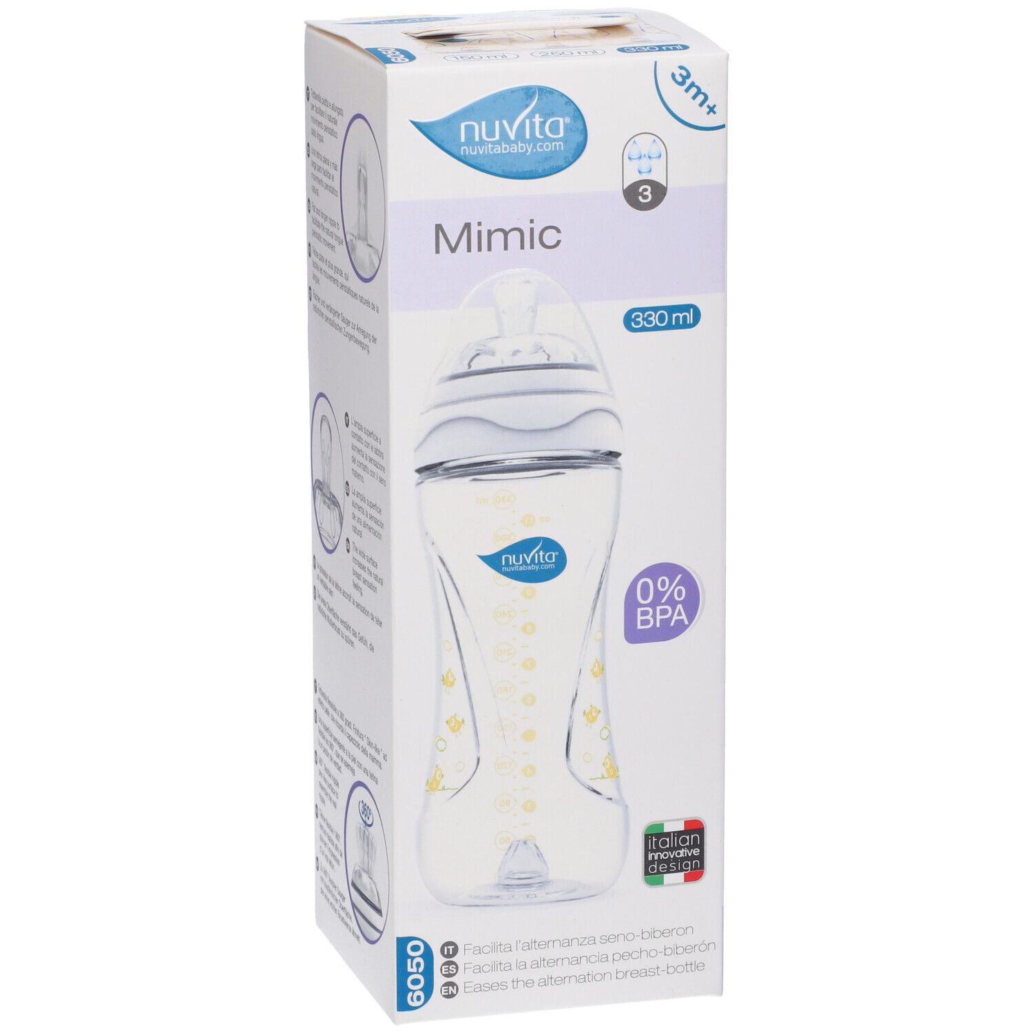 Confezione con biberon. Scritte: Mimic, 330 ml, 0% BPA. Marchio: Nuvita. Con immagine del biberon e informazioni.