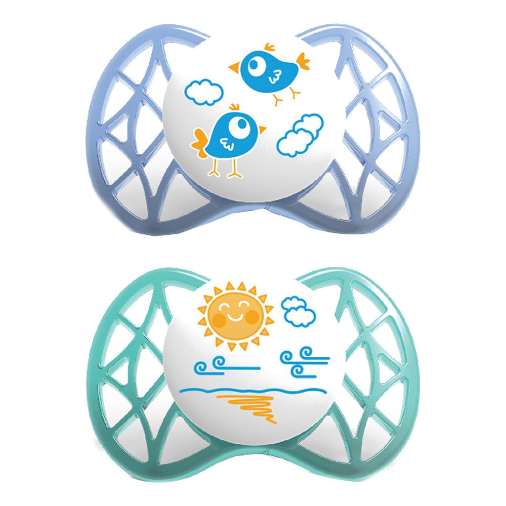 Due succhietti simmetrici blu e tiffany. Motivi uccelli e sole. Design aperto.