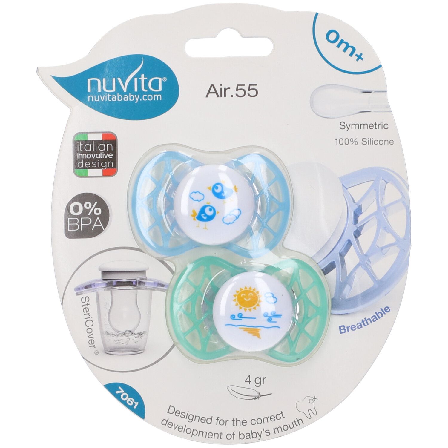Confezione con due succhietti Nuvita. Blu e tiffany. SteriCover incluso. 0% BPA. 4 gr.