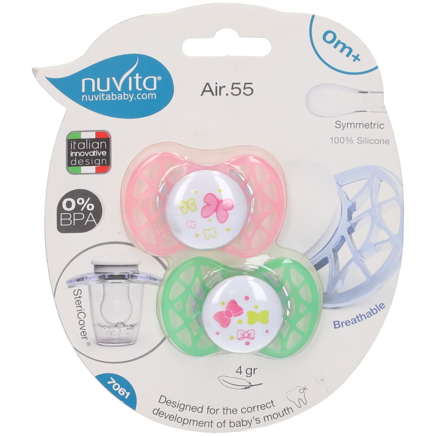 Confezione con due succhietti. Succhietti rosa e verdi con motivi a farfalla. Marchio Nuvita. 0% BPA. 4 gr. Simmetrico.