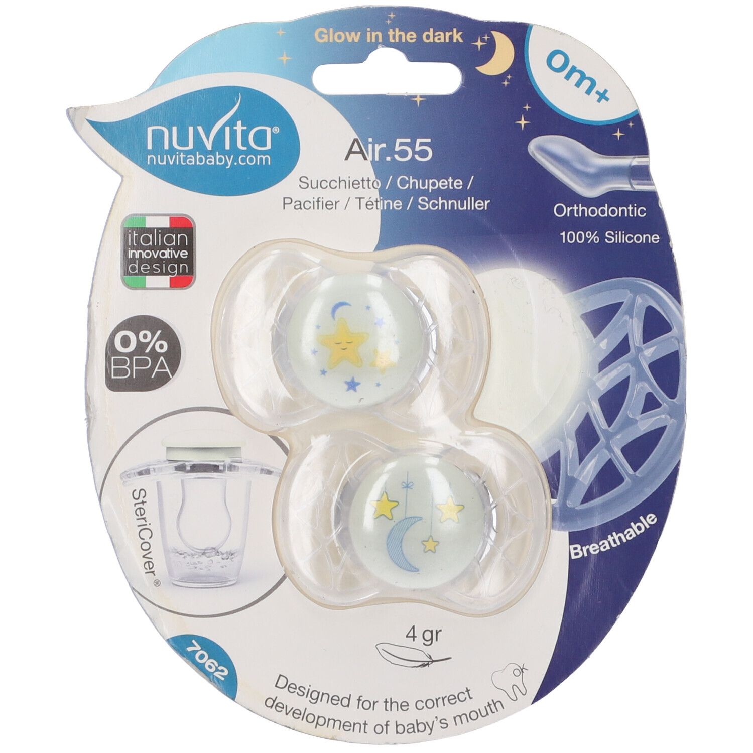 Confezione con due ciucci. Marchio Nuvita. Ortodontico, 100% silicone. Con SteriCover. 0% BPA. 4 gr.