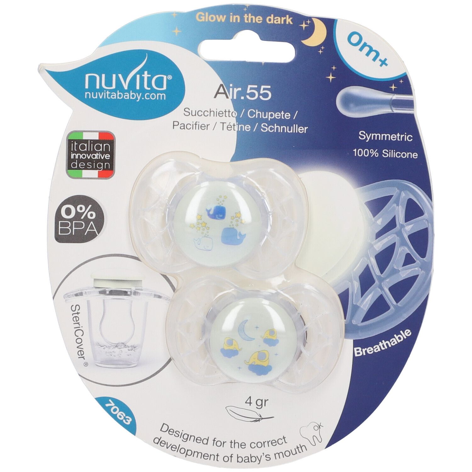 Confezione di due succhietti Nuvita Air.55, 0% BPA, 0m+, simmetrici, 100% silicone. Con SteriCover.