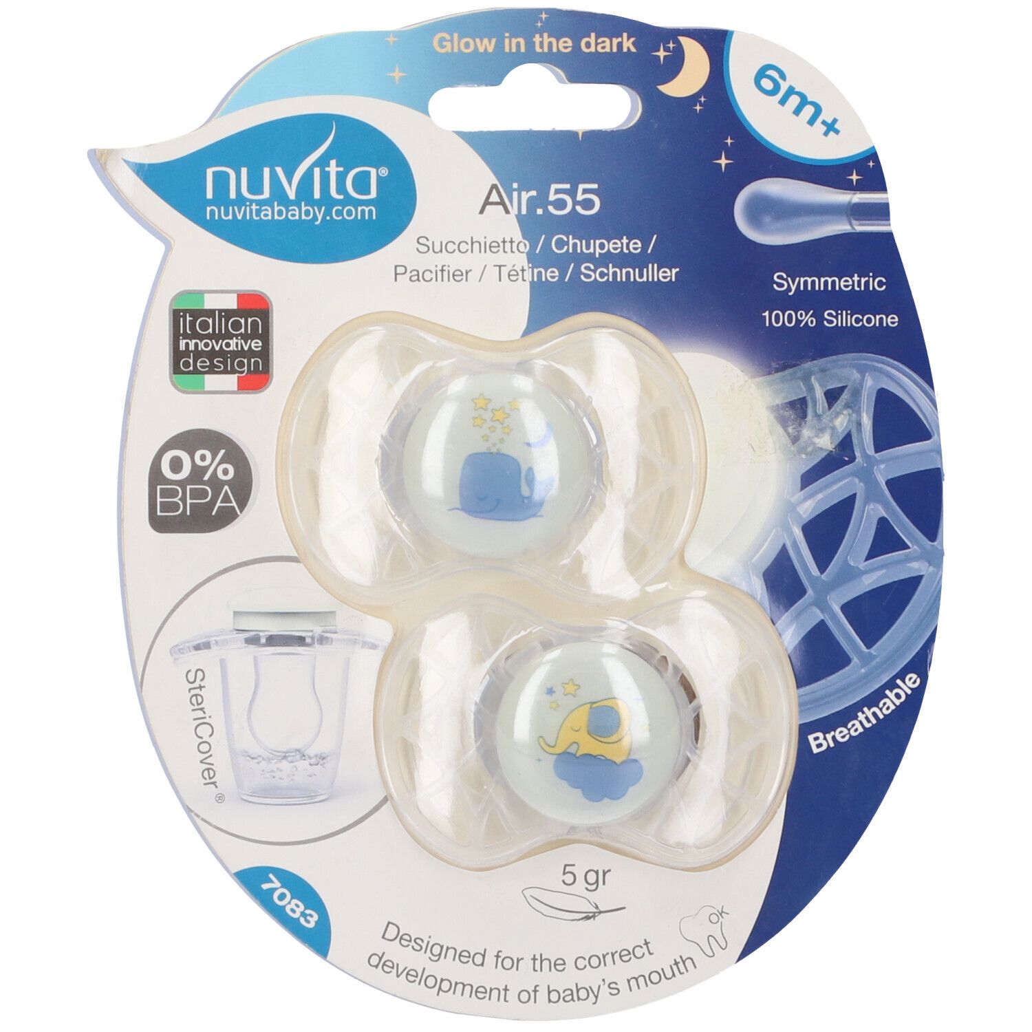 Confezione con due succhietti Nuvita. Tettarella simmetrica, 6 mesi+. Funzione "Glow in the dark". Senza BPA. SteriCover.