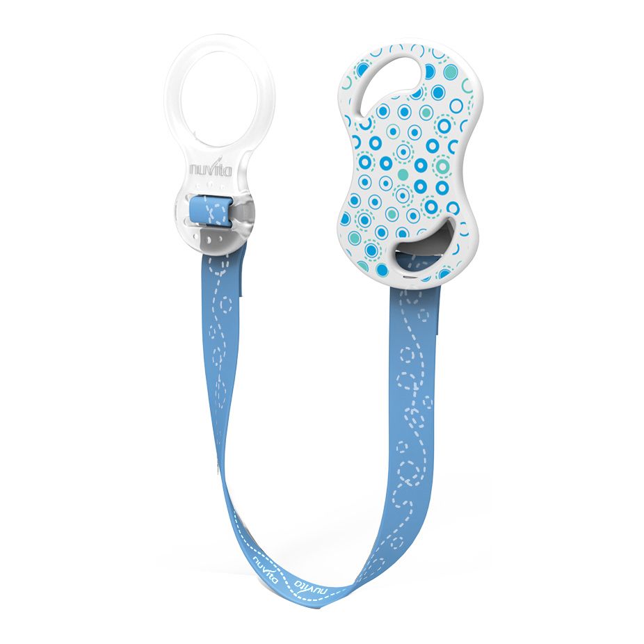 Porta-succhietto blu con clip e anello bianchi. Nastro blu con motivi. Marchio: Nuvita.