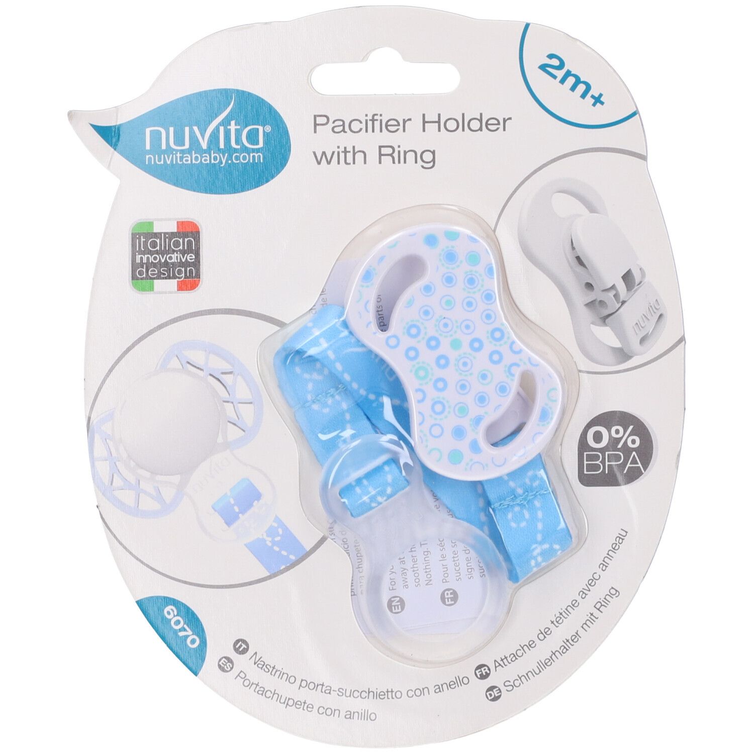Confezione porta-succhietto blu con anello. Marchio: Nuvita. Con tettarella e sigillo senza BPA.
