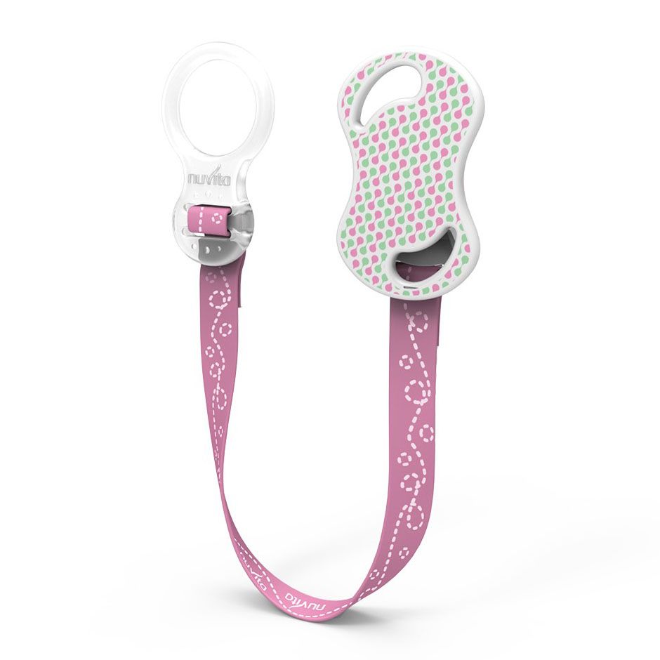Porta succhietto rosa con anello bianco e nastro. Motivo a cuori. Marchio Nuvita.