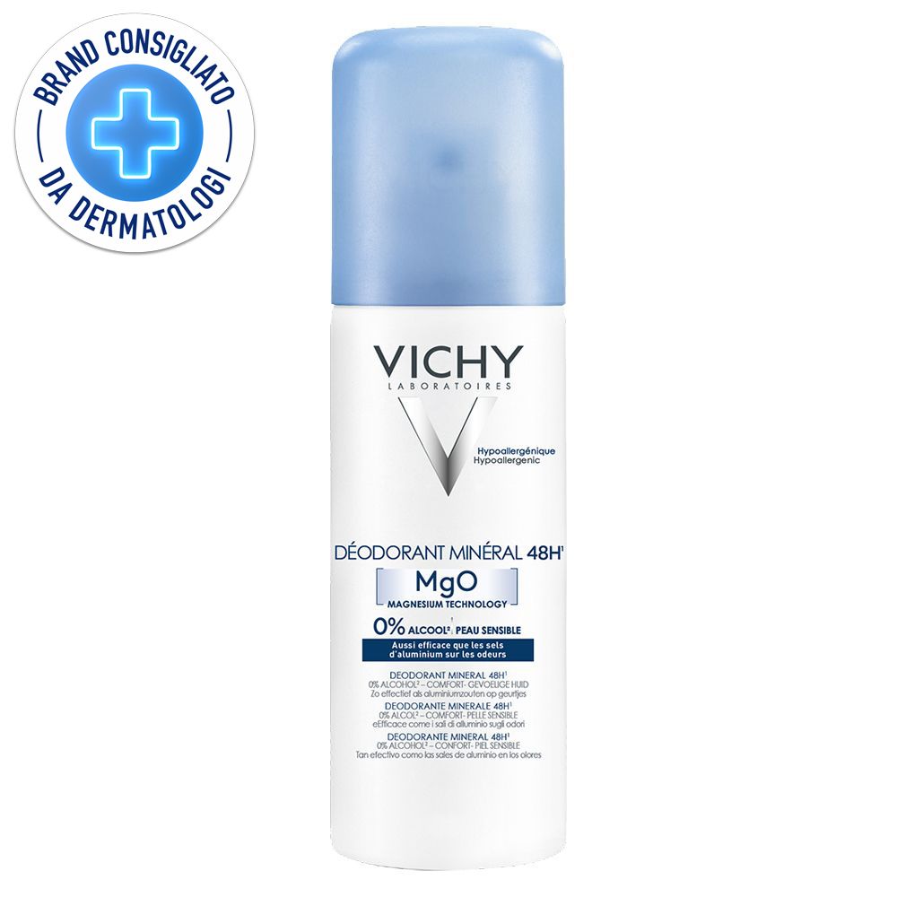Deodorante aerosol con tappo blu. Marchio: VICHY. Scritta: DÉODORANT MINÉRAL 48H, MgO, 0% alcool. Logo: Brand Consigliato da Dermatologi.
