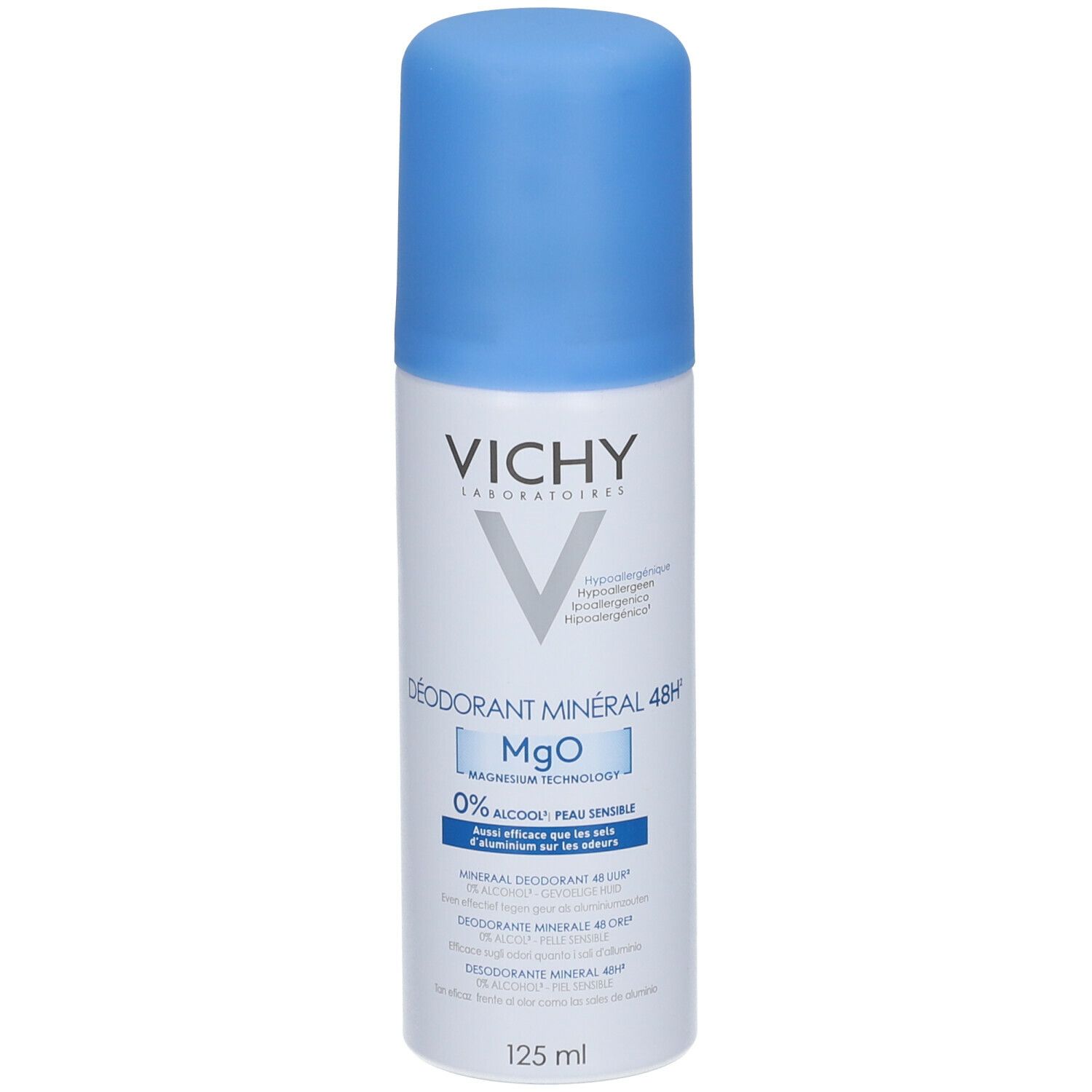 Deodorante aerosol con tappo blu. Marchio: VICHY. Scritta: DÉODORANT MINÉRAL 48H, MgO, 0% alcool. Volume: 125 ml.