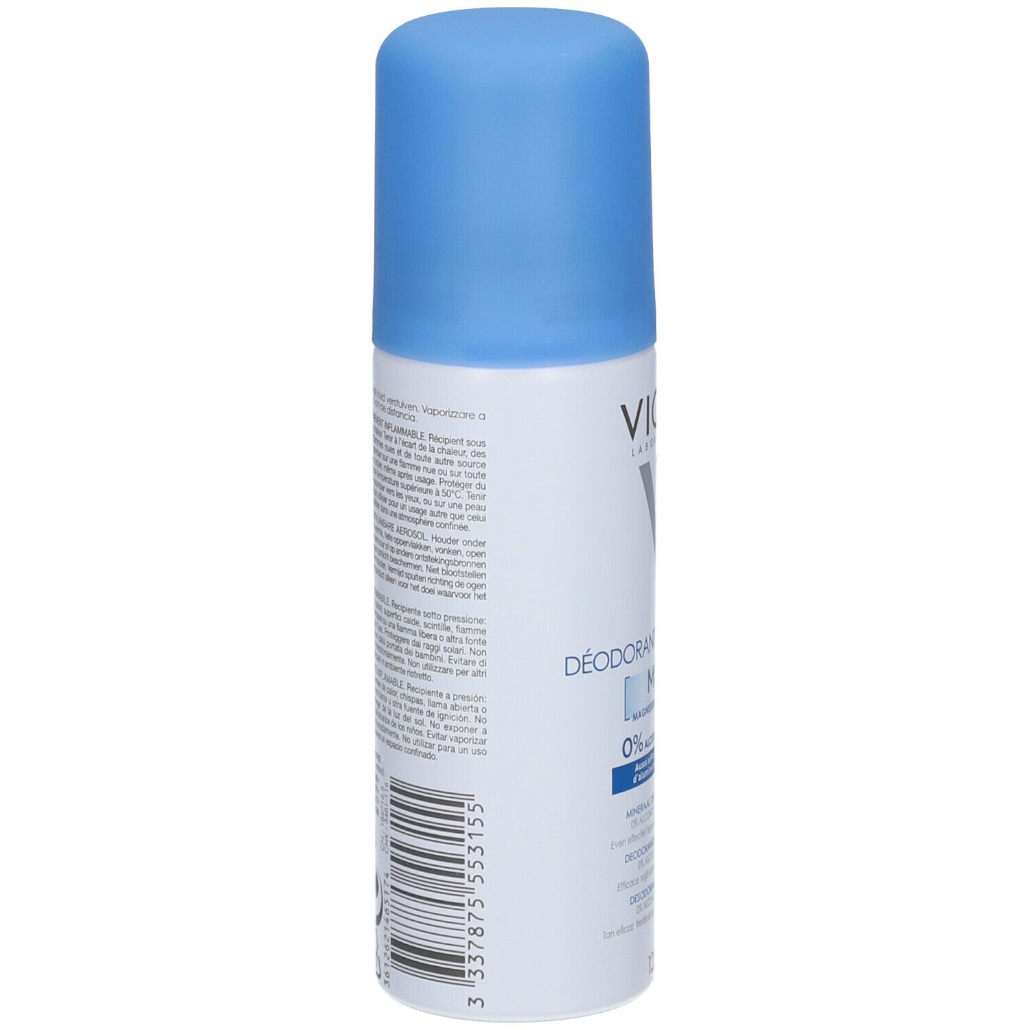 Deodorante aerosol, retro. Testo: DÉODORANT MINÉRAL 48H, MgO, 0% alcool. Codice a barre e testo.