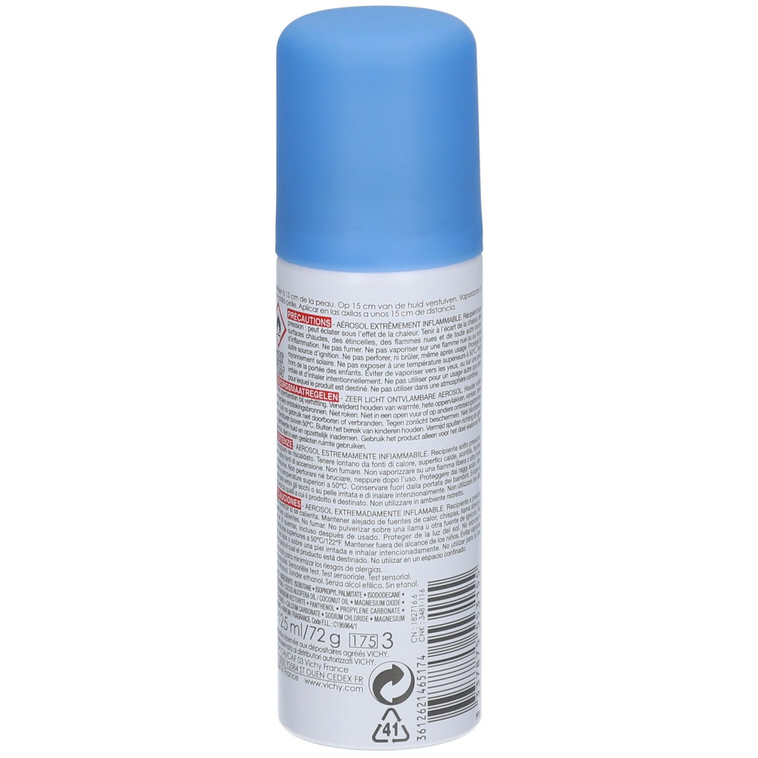 Deodorante aerosol, retro. Testo e avvertenze. Volume: 72 g / 175 ml. Codice a barre.